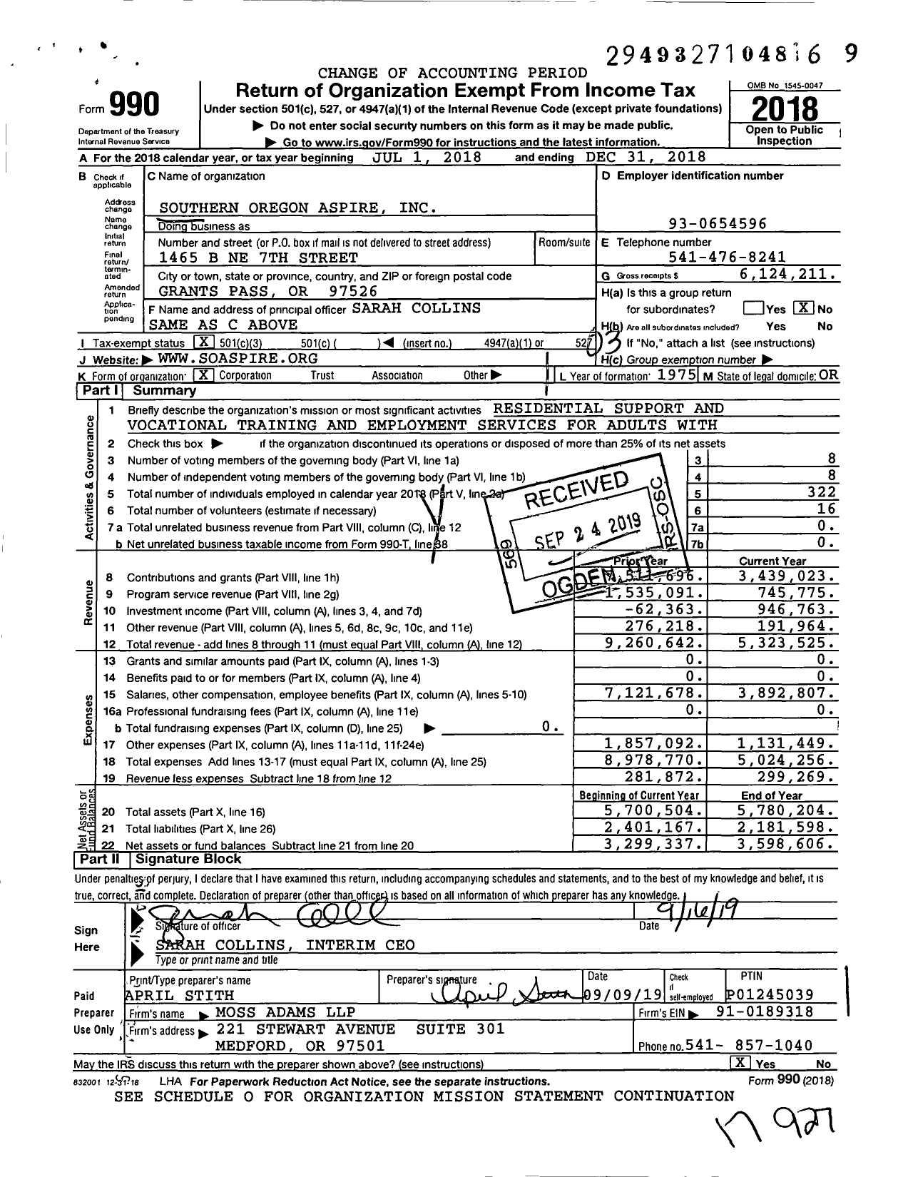 Image of first page of 2018 Form 990 for Southern Oregon Aspire