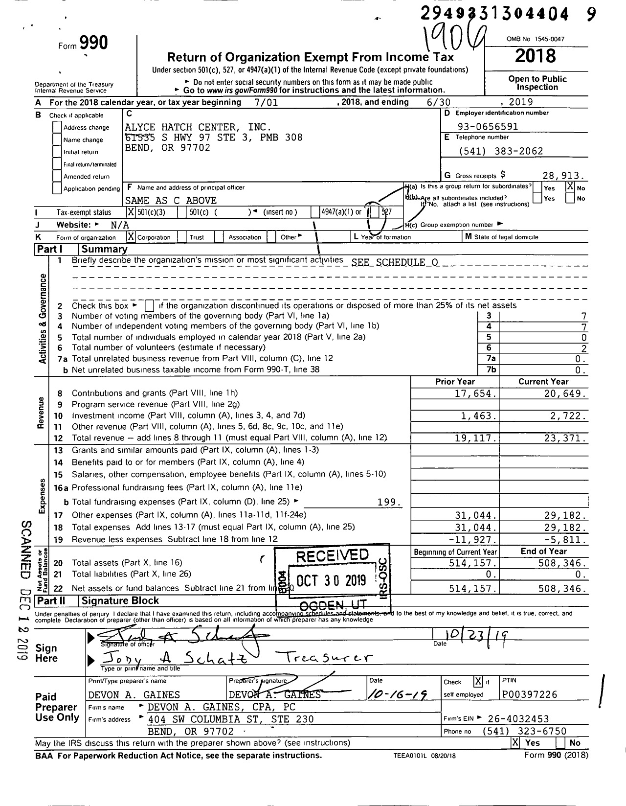Image of first page of 2018 Form 990 for Alyce Hatch Center