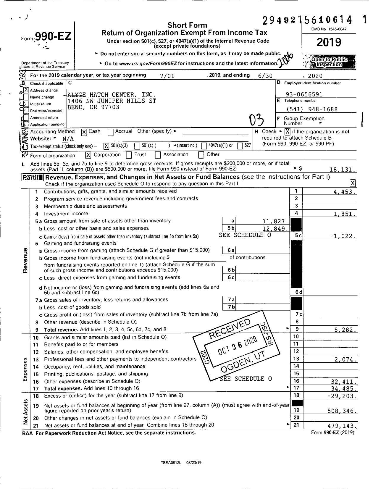 Image of first page of 2019 Form 990EZ for Alyce Hatch Center