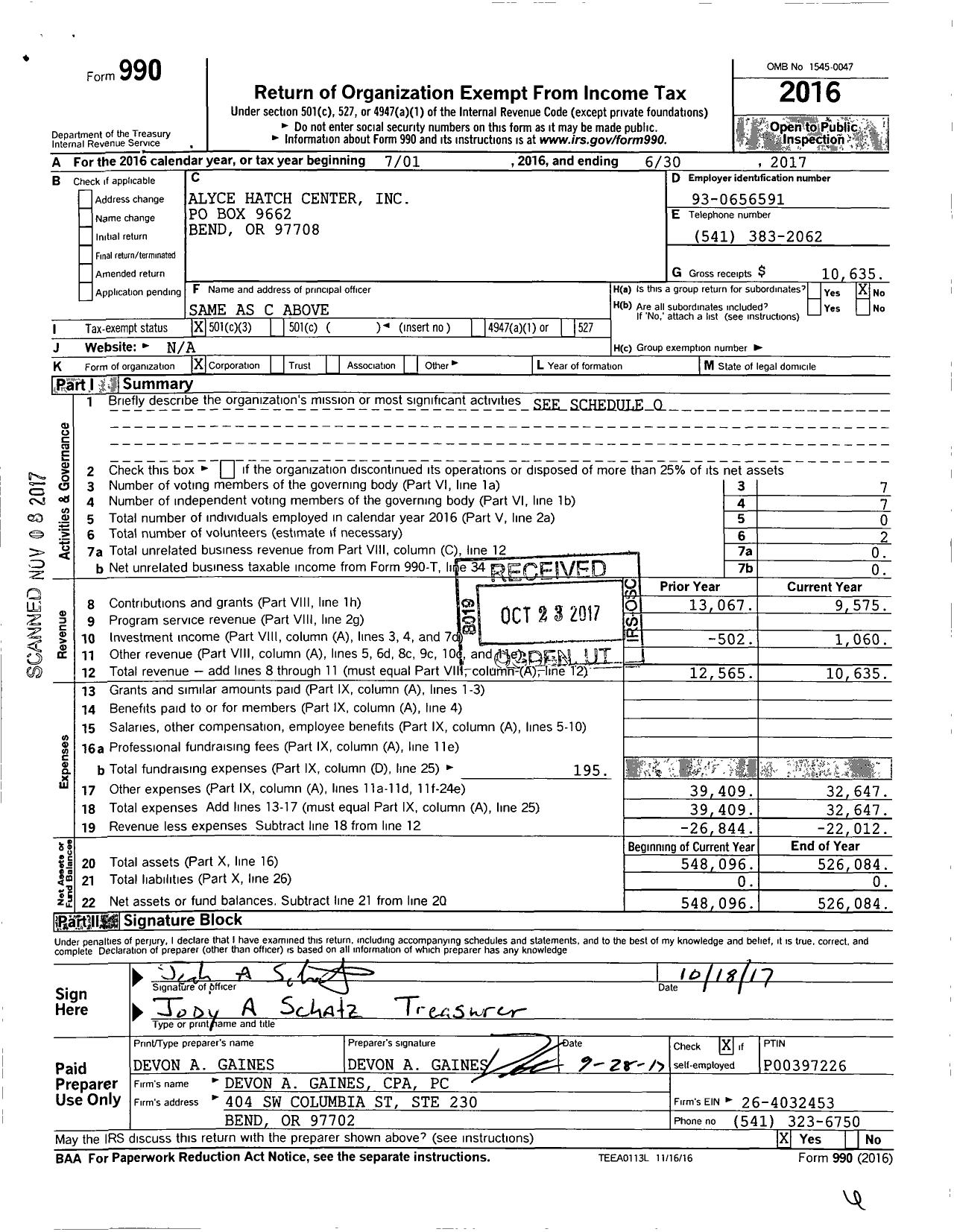 Image of first page of 2016 Form 990 for Alyce Hatch Center