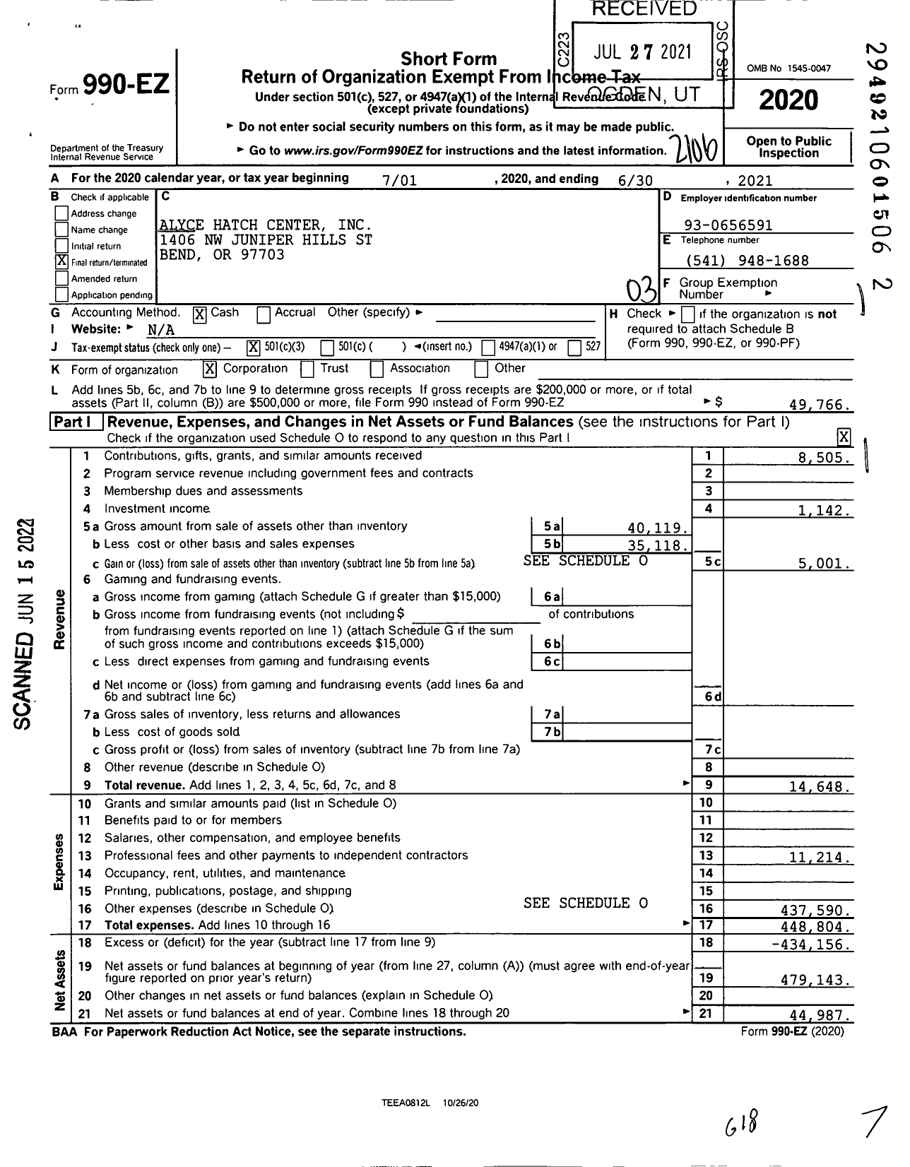 Image of first page of 2020 Form 990EZ for Alyce Hatch Center