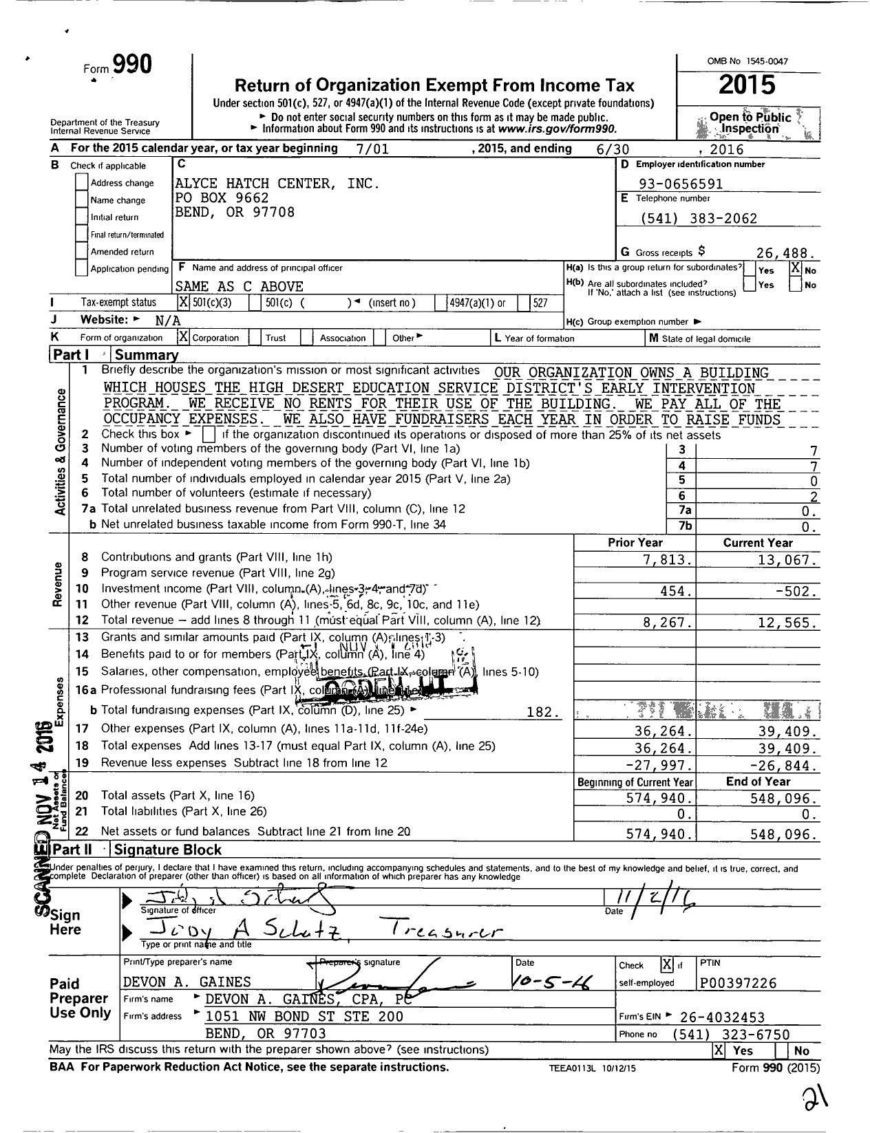 Image of first page of 2015 Form 990 for Alyce Hatch Center