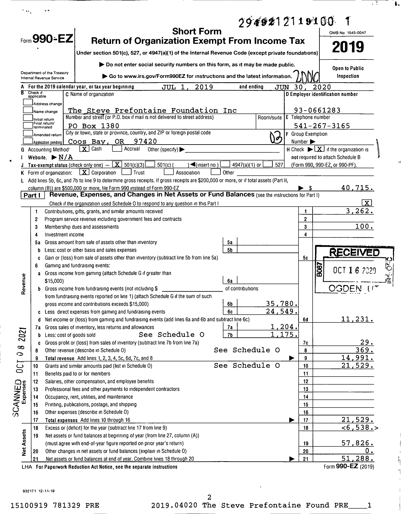 Image of first page of 2019 Form 990EZ for The Steve Prefontaine Foundation