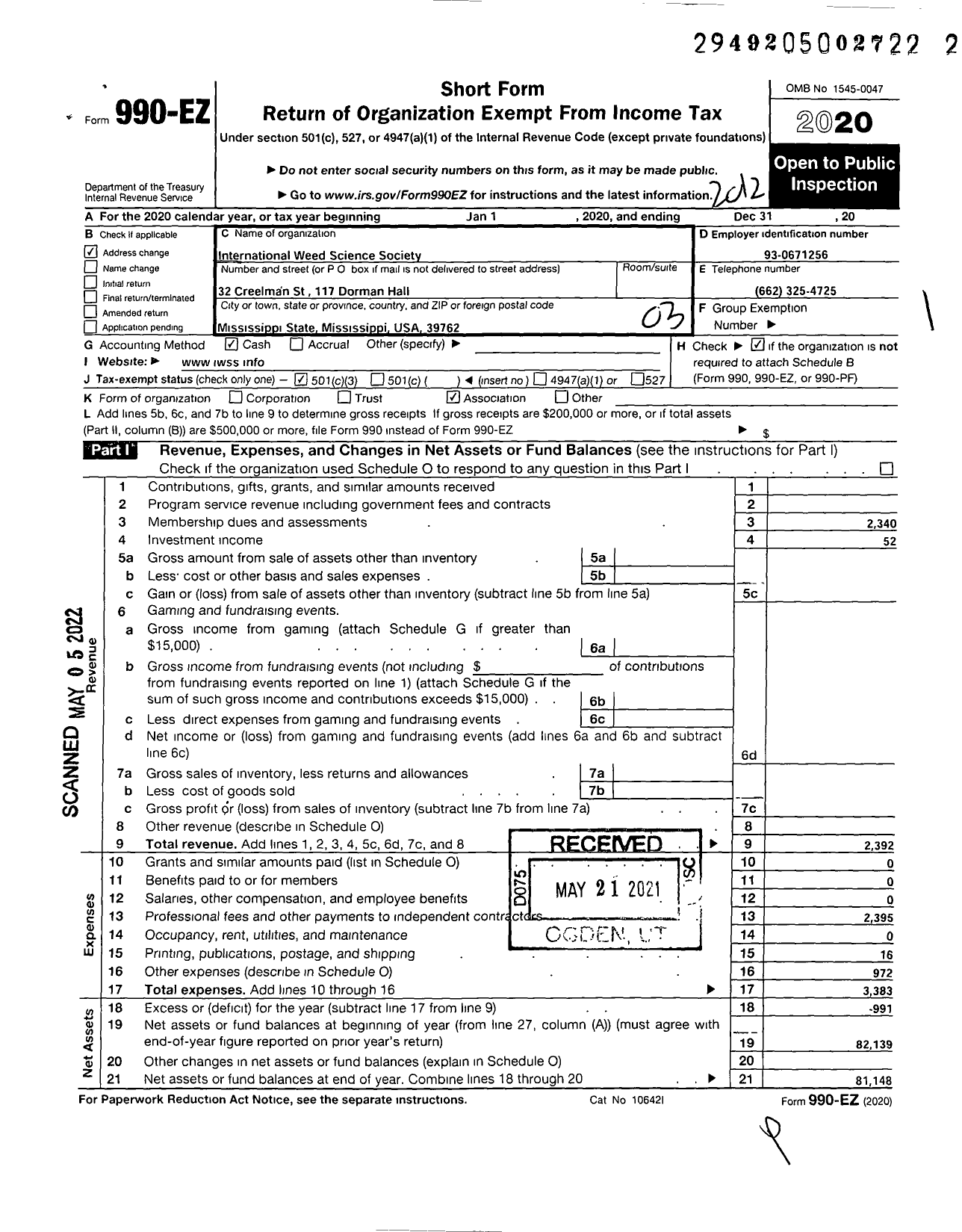 Image of first page of 2020 Form 990EZ for International Weed Science Society Gilmore Annex