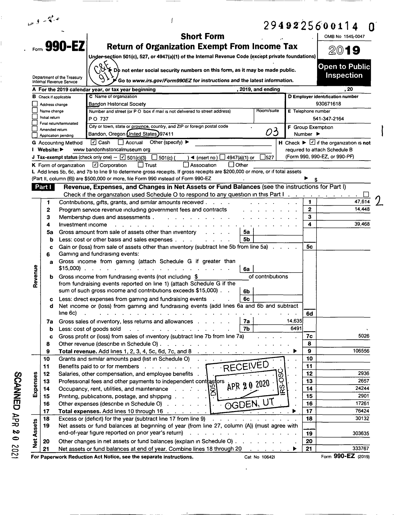 Image of first page of 2019 Form 990EZ for Bandon Historical Society