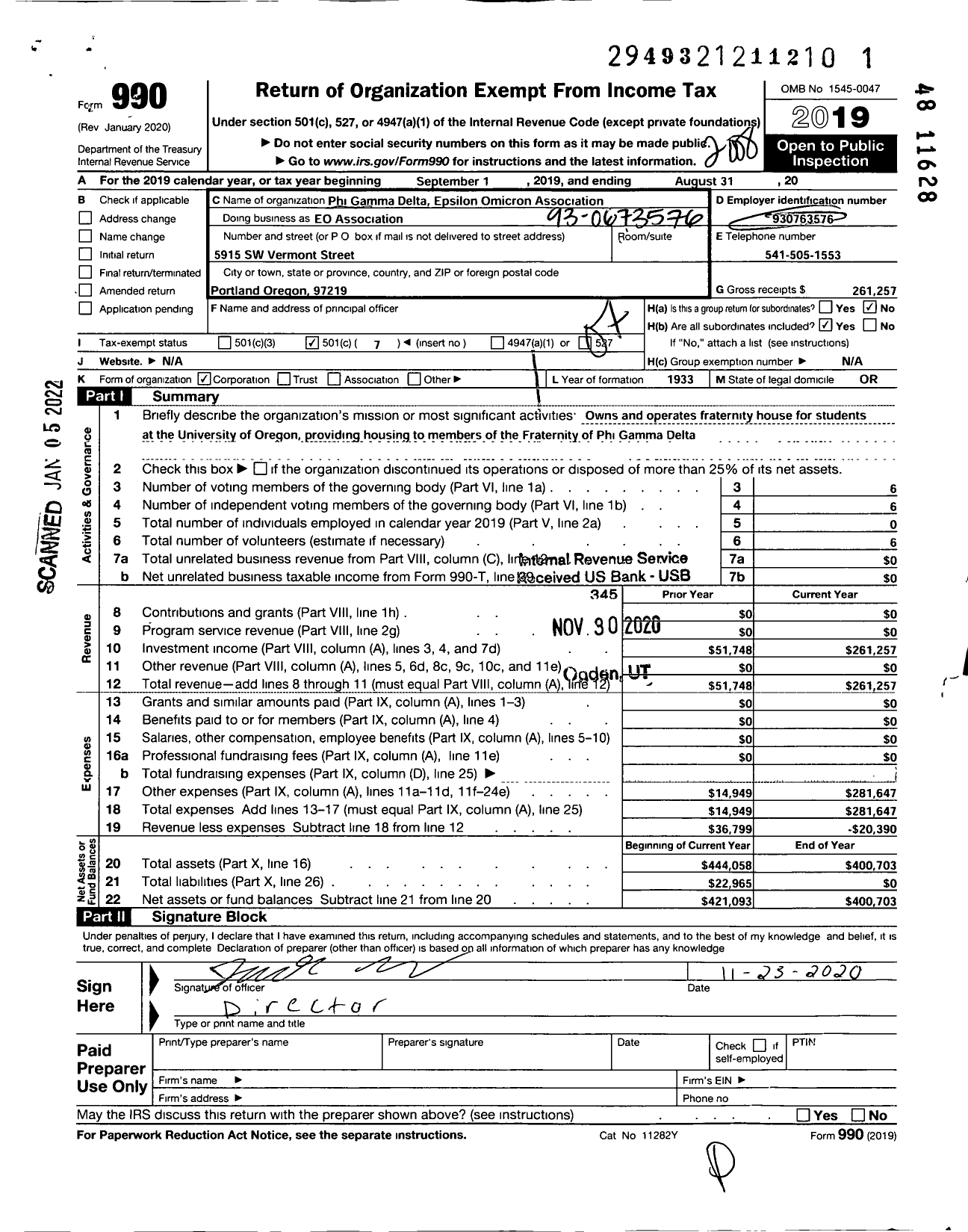 Image of first page of 2019 Form 990O for Phi Gamma Delta Fraternity - Epsilon Omicron Oregon University