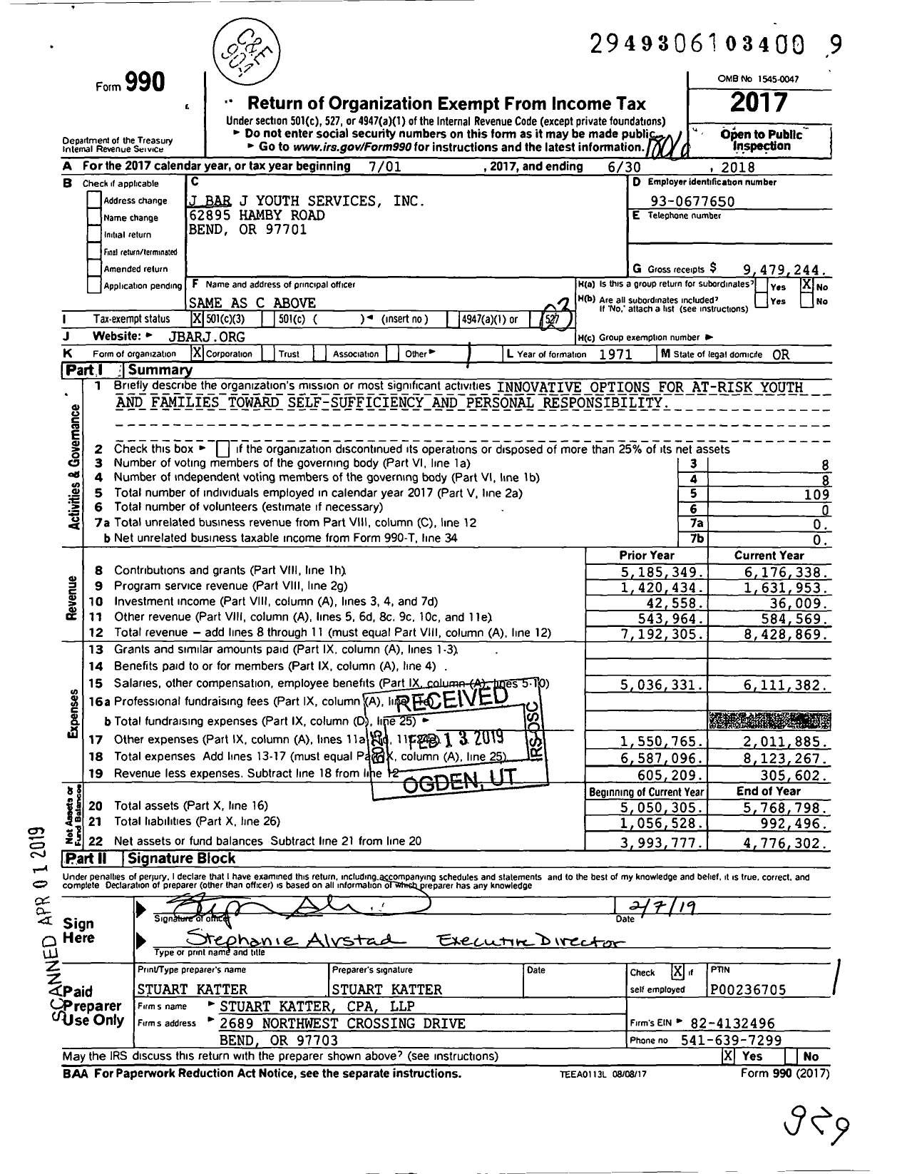 Image of first page of 2017 Form 990 for J Bar J Youth Services