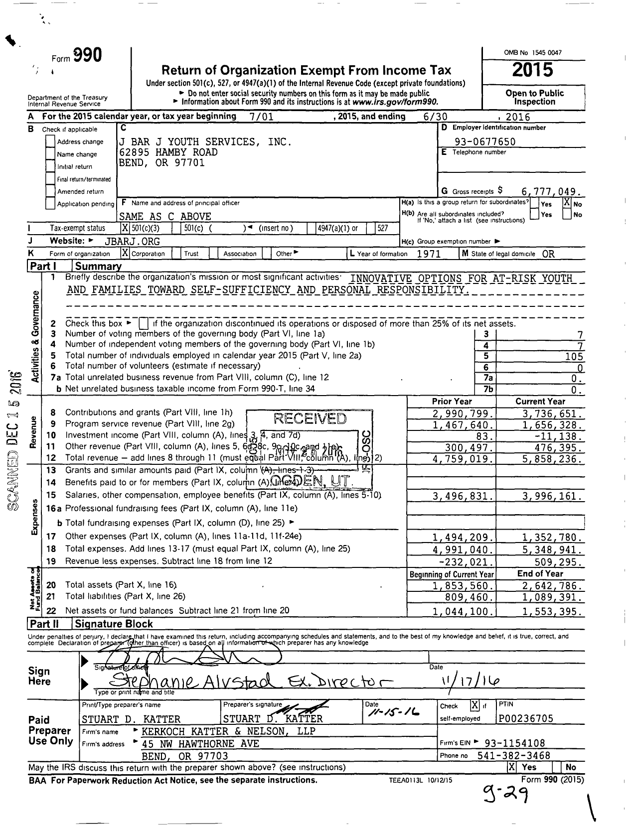 Image of first page of 2015 Form 990 for J Bar J Youth Services
