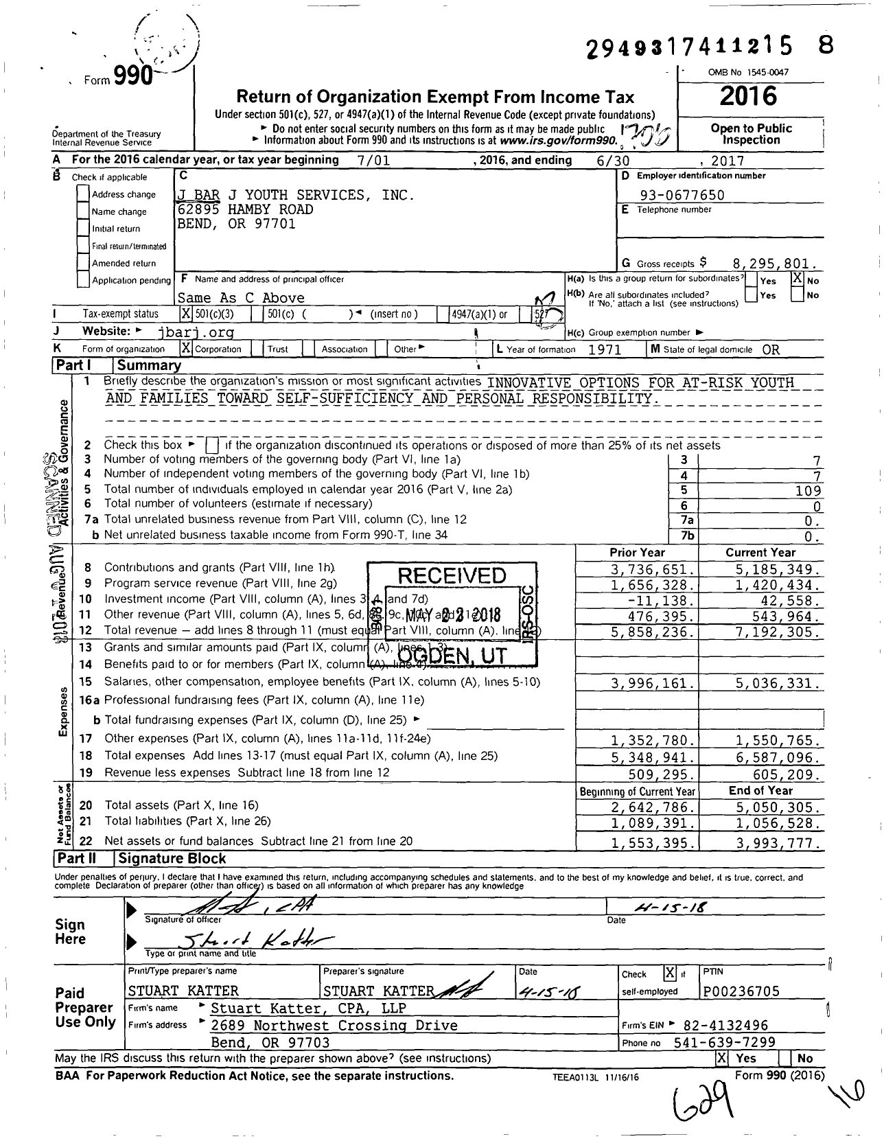 Image of first page of 2016 Form 990 for J Bar J Youth Services