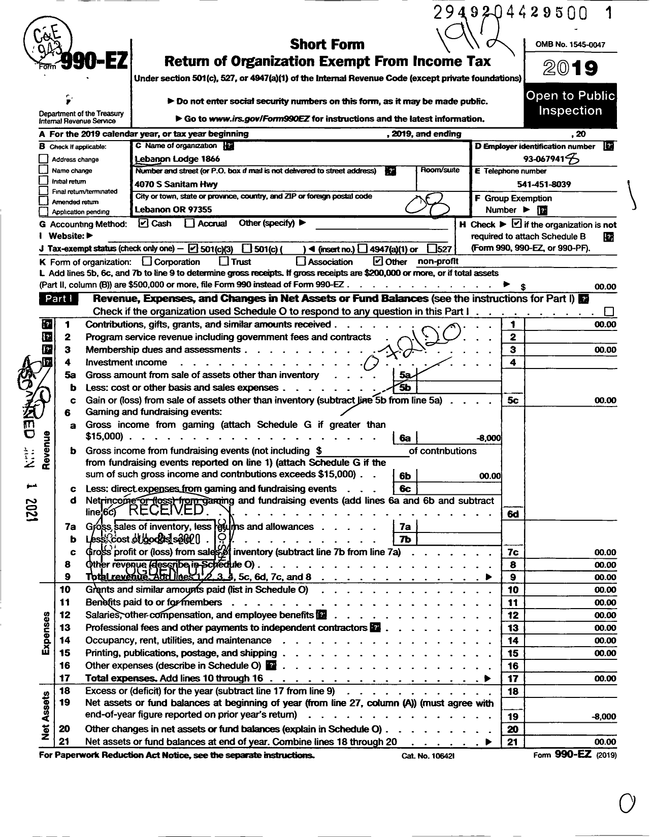 Image of first page of 2019 Form 990EO for Loyal Order of Moose - 1866