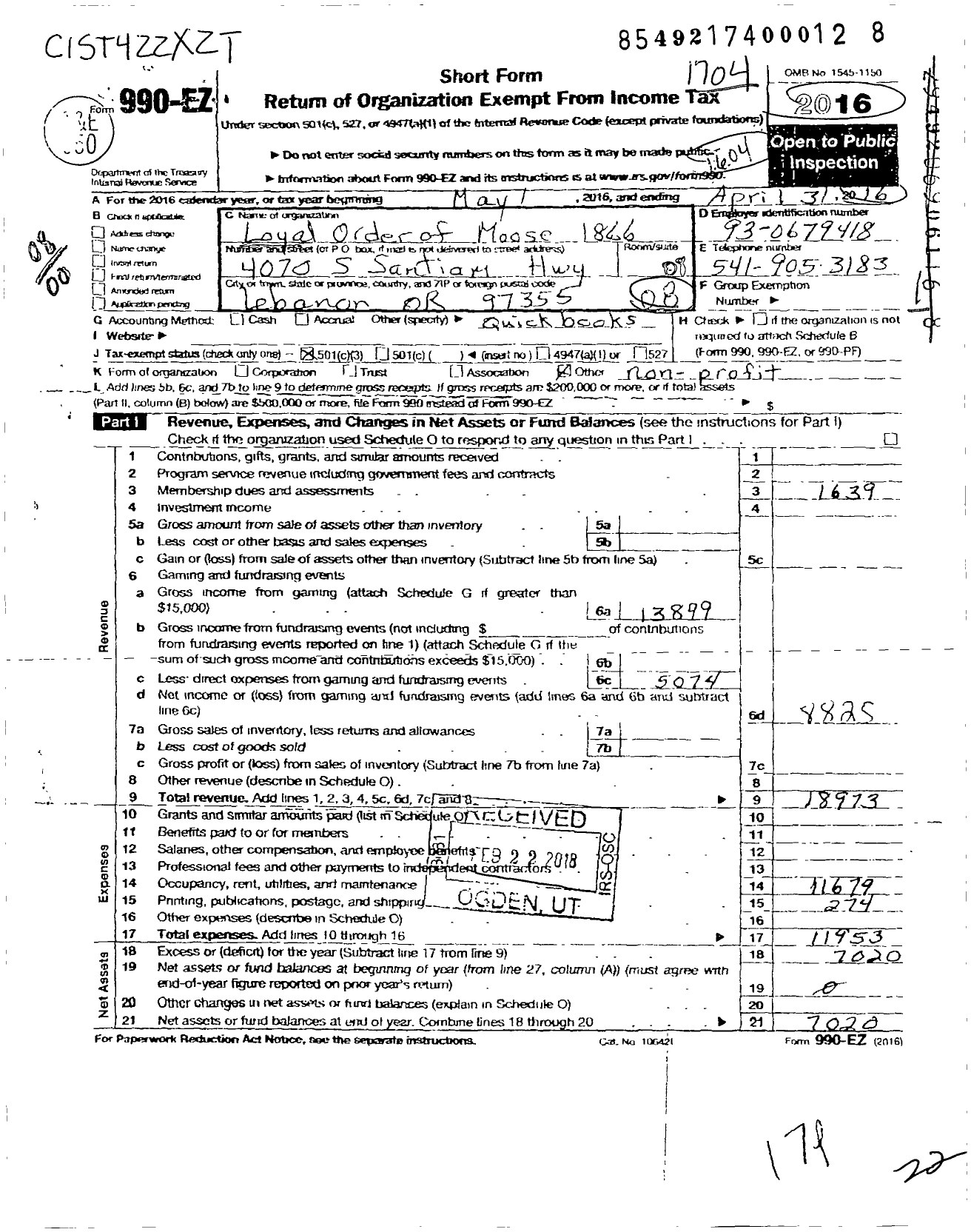 Image of first page of 2016 Form 990EO for Loyal Order of Moose - 1866