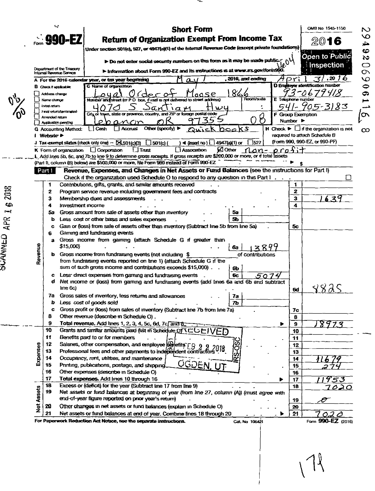 Image of first page of 2015 Form 990EO for Loyal Order of Moose - 1866