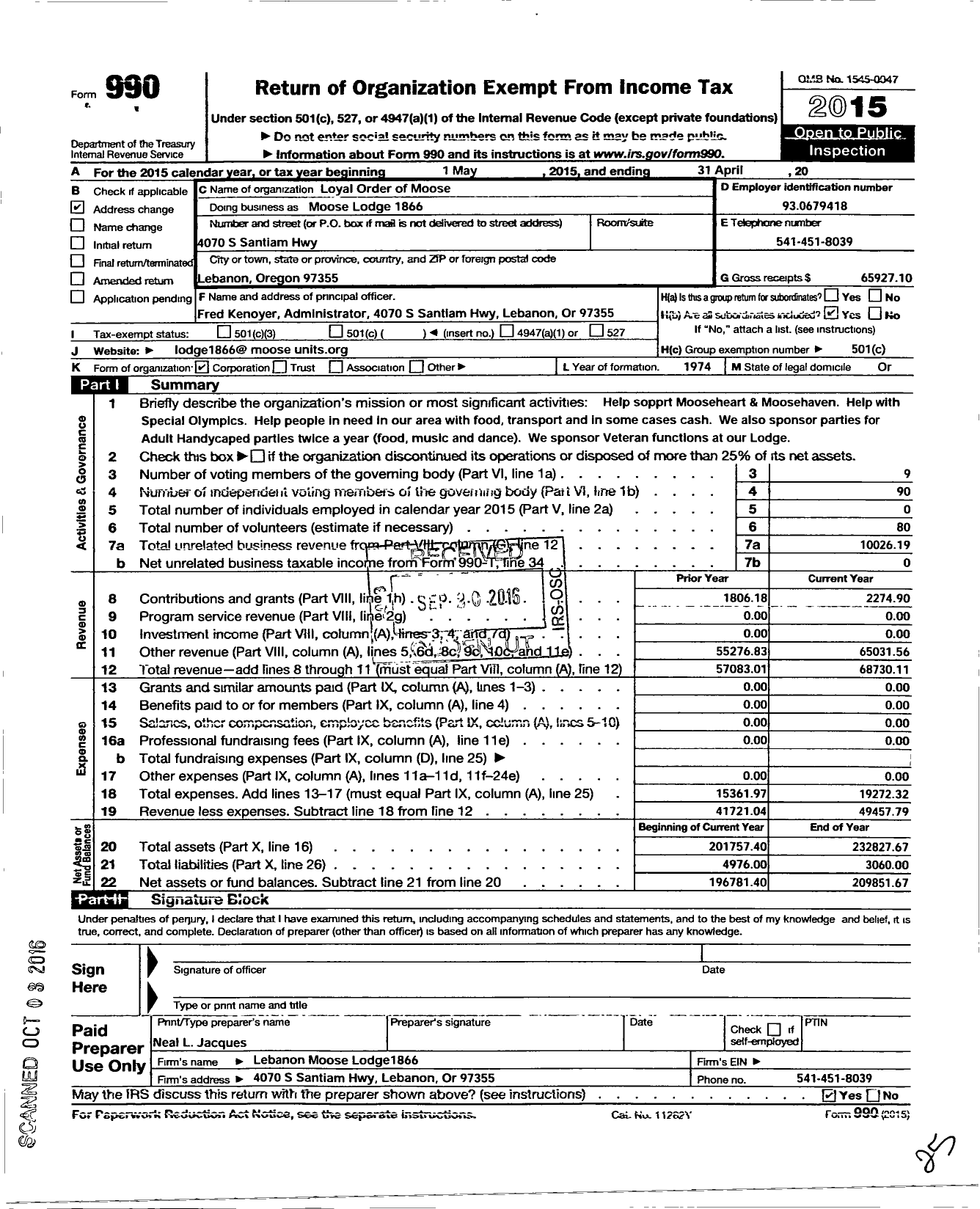 Image of first page of 2014 Form 990O for Loyal Order of Moose - 1866