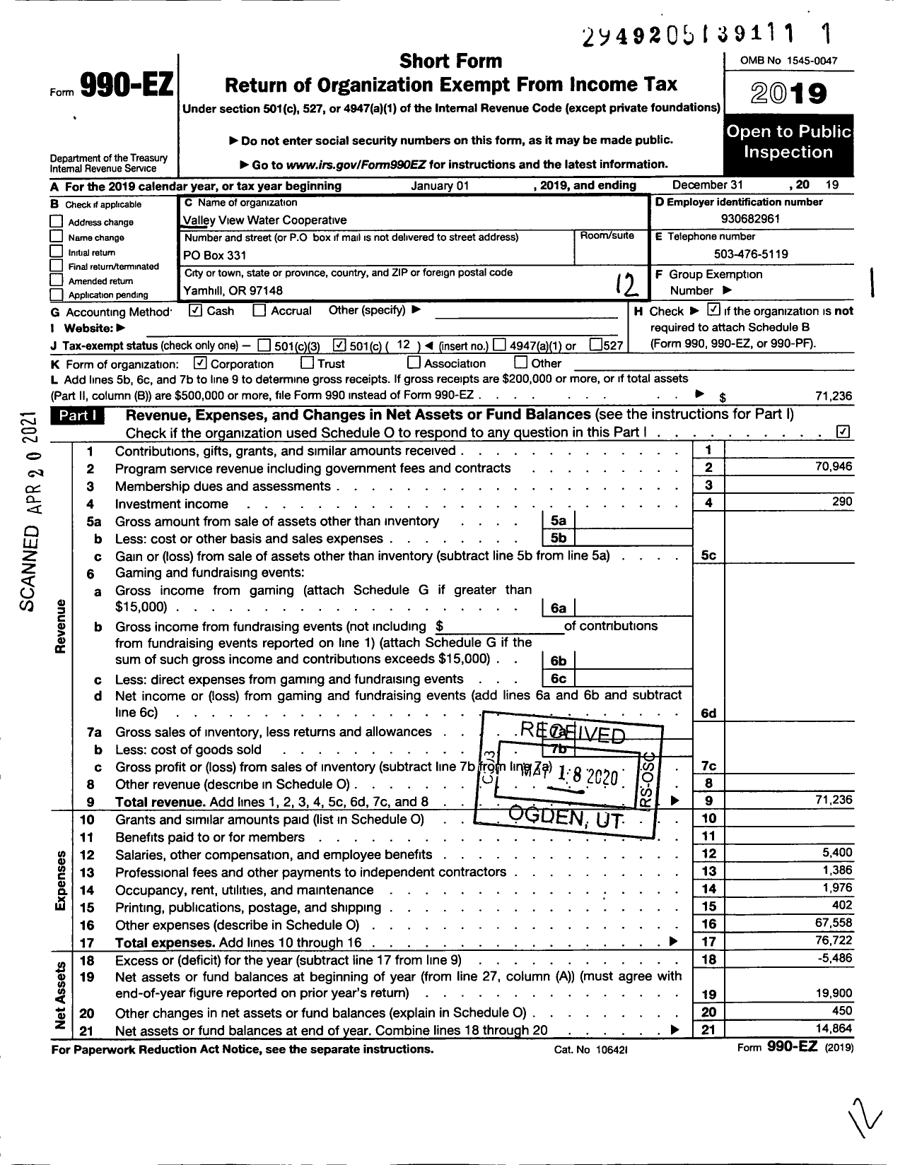 Image of first page of 2019 Form 990EO for Valley View Water Association