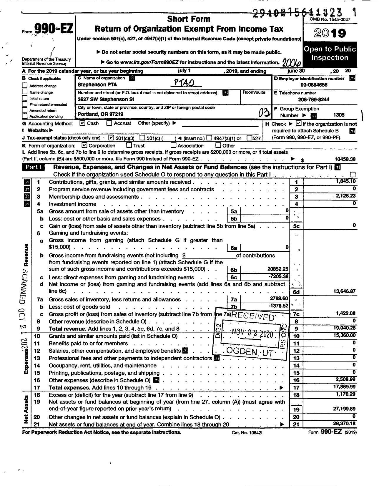 Image of first page of 2019 Form 990EZ for PTA Oregon Congress / Stephenson Elem PTA