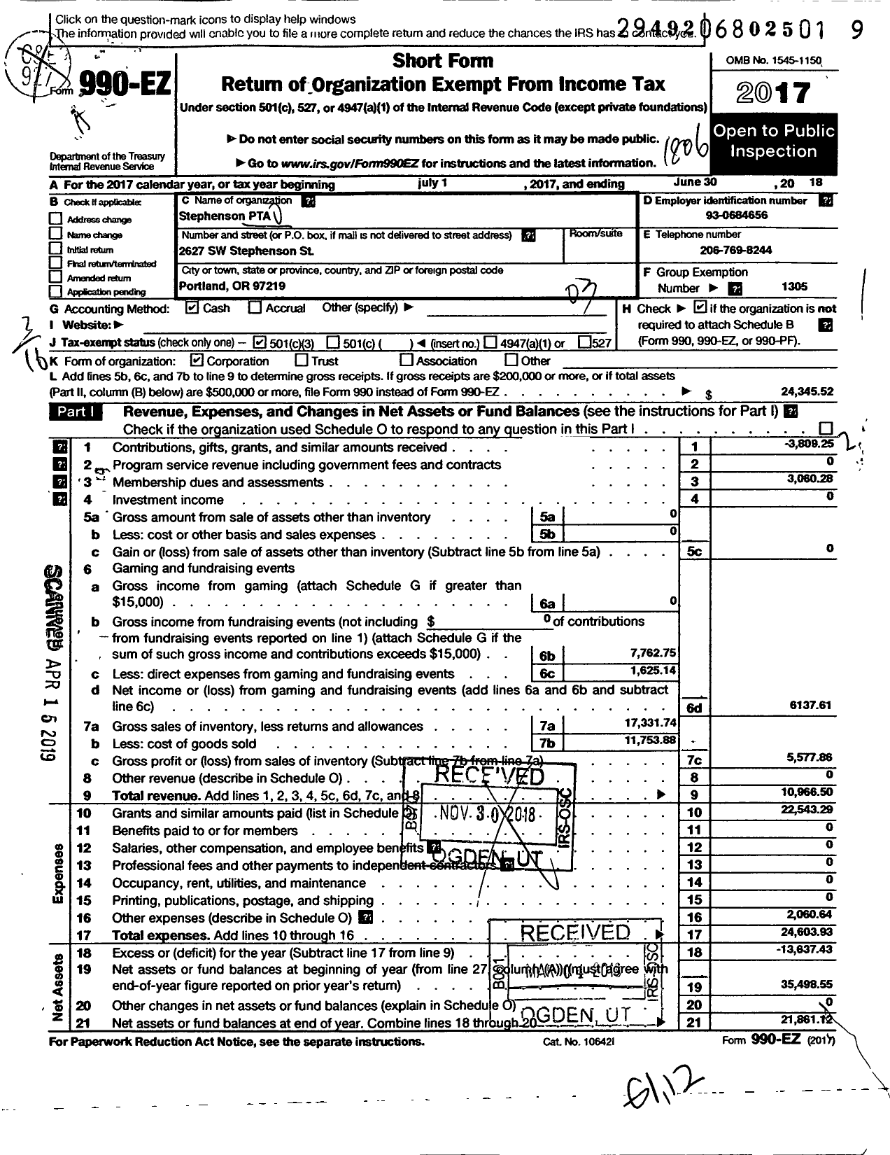 Image of first page of 2017 Form 990EZ for PTA Oregon Congress / Stephenson Elem PTA