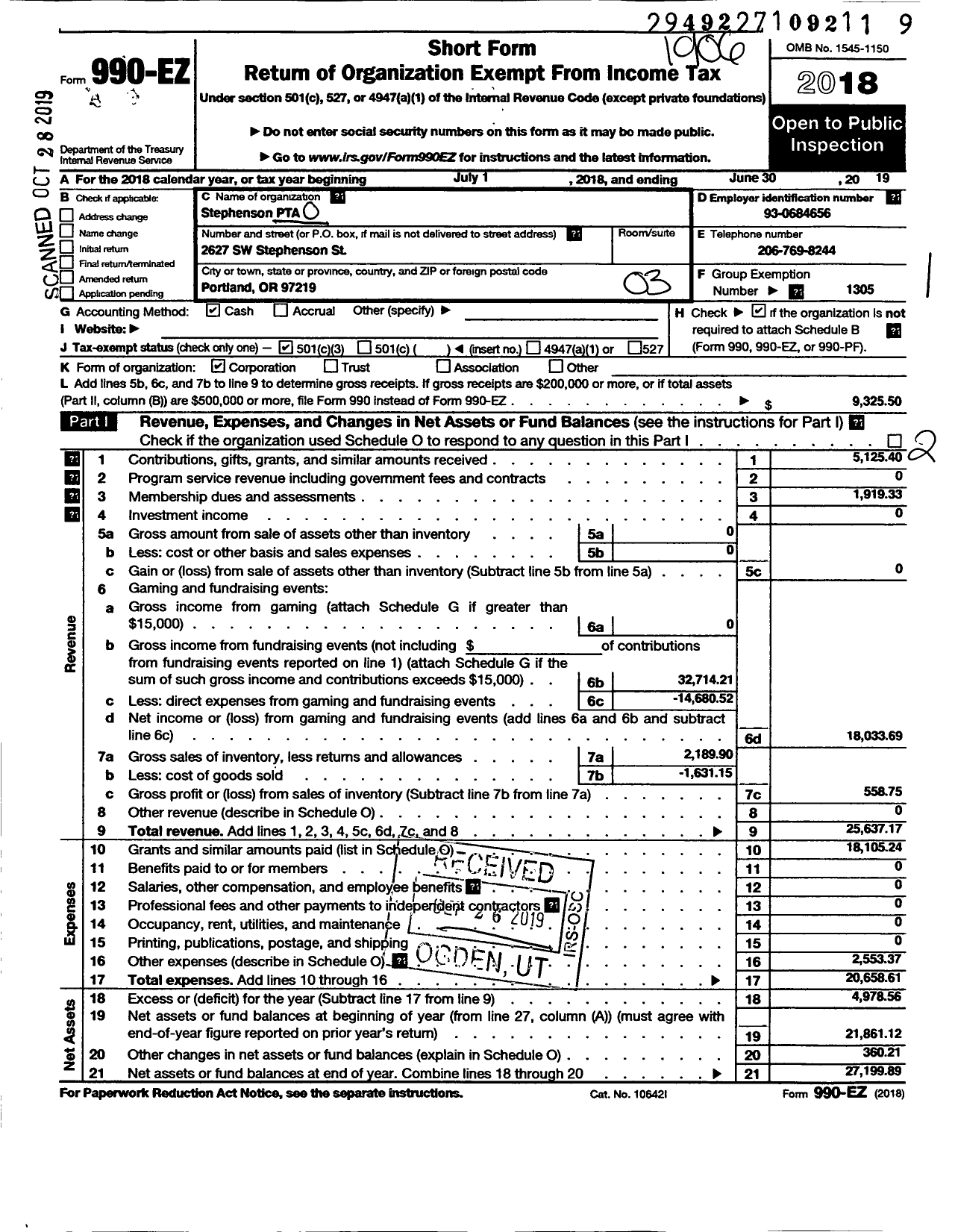 Image of first page of 2018 Form 990EZ for PTA Oregon Congress / Stephenson Elem PTA