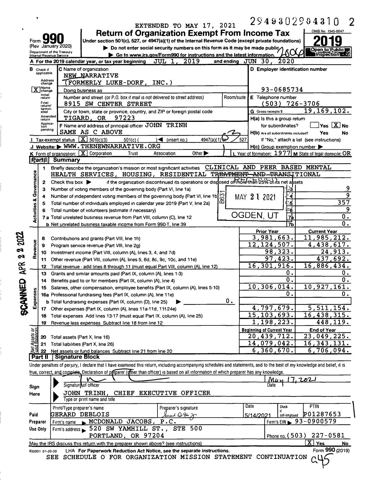 Image of first page of 2019 Form 990 for New Narrative