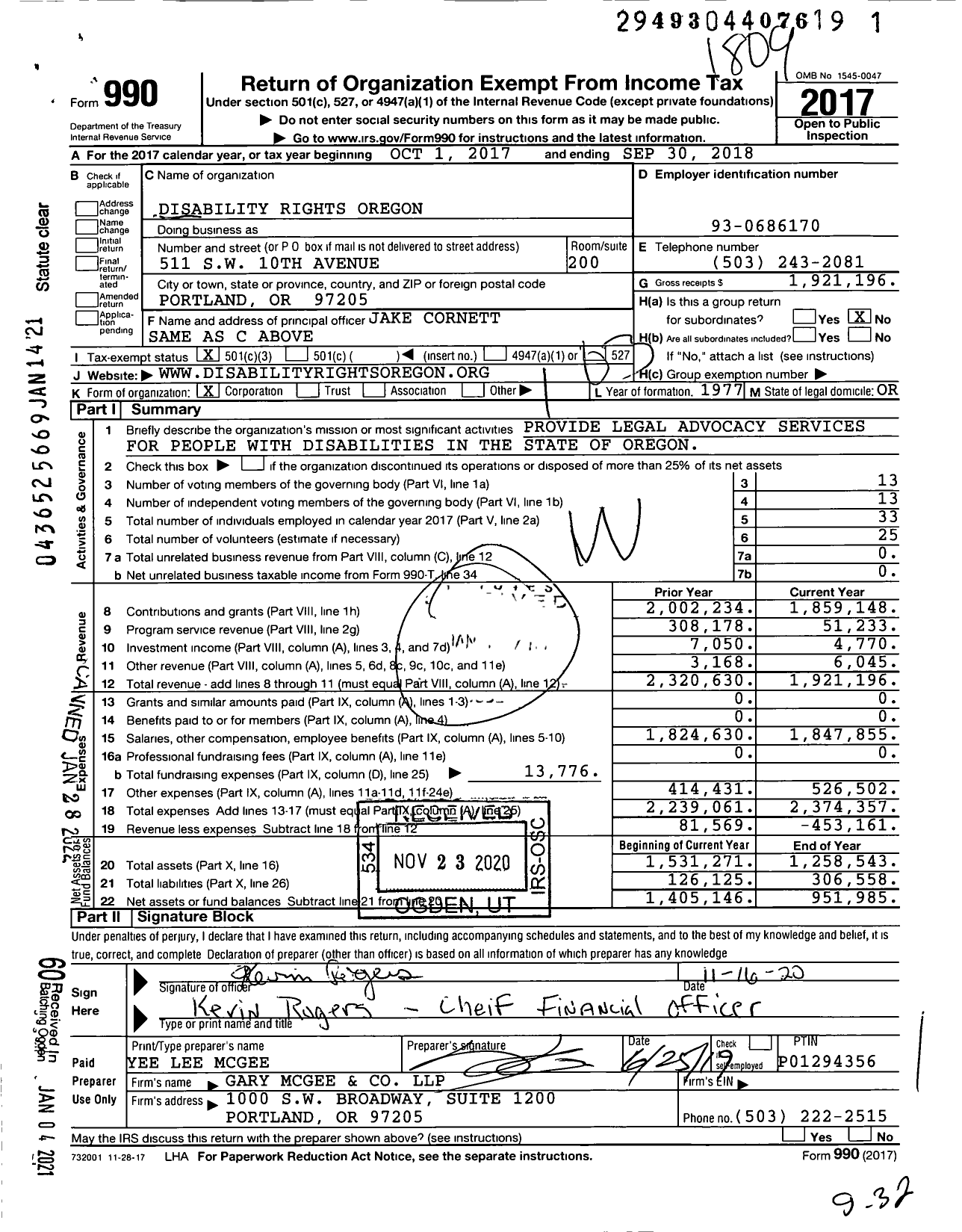 Image of first page of 2017 Form 990 for Disability Rights Oregon