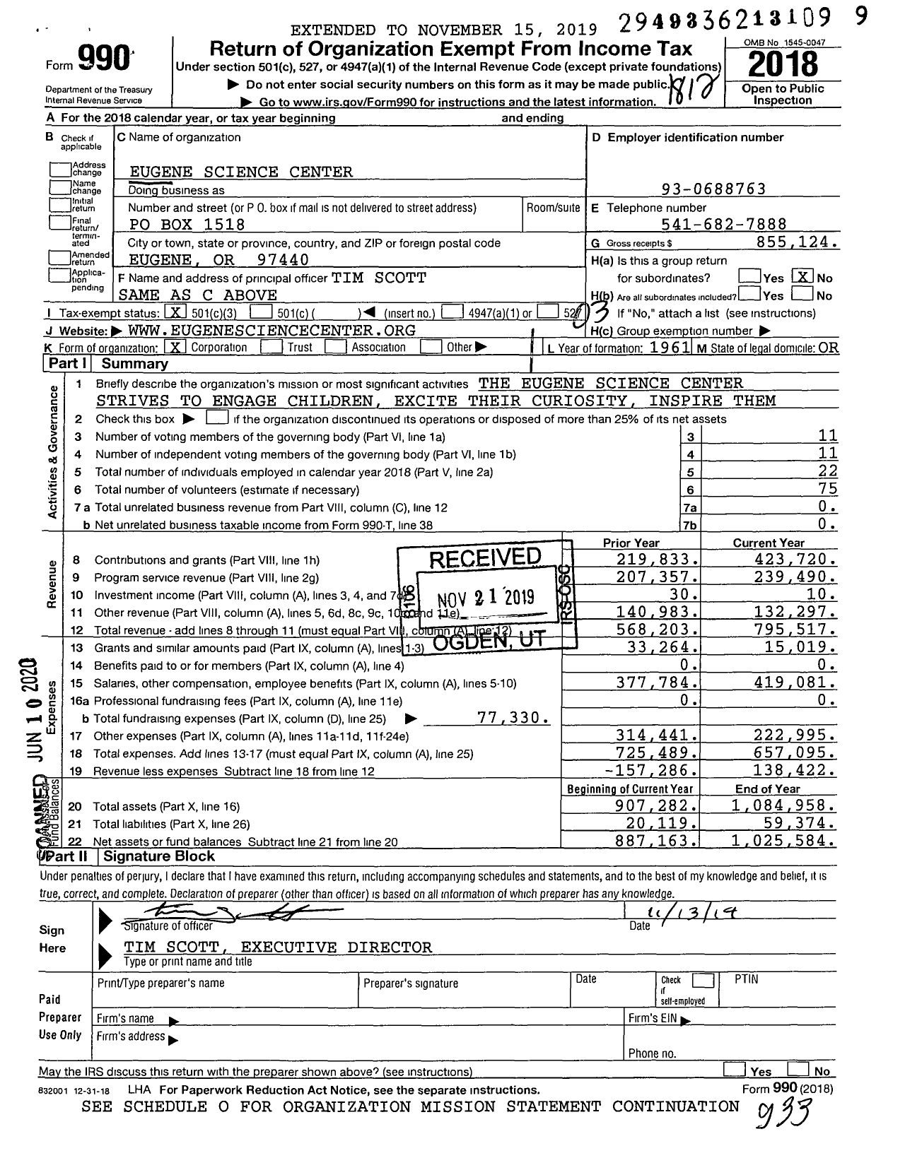Image of first page of 2018 Form 990 for Eugene Science Center