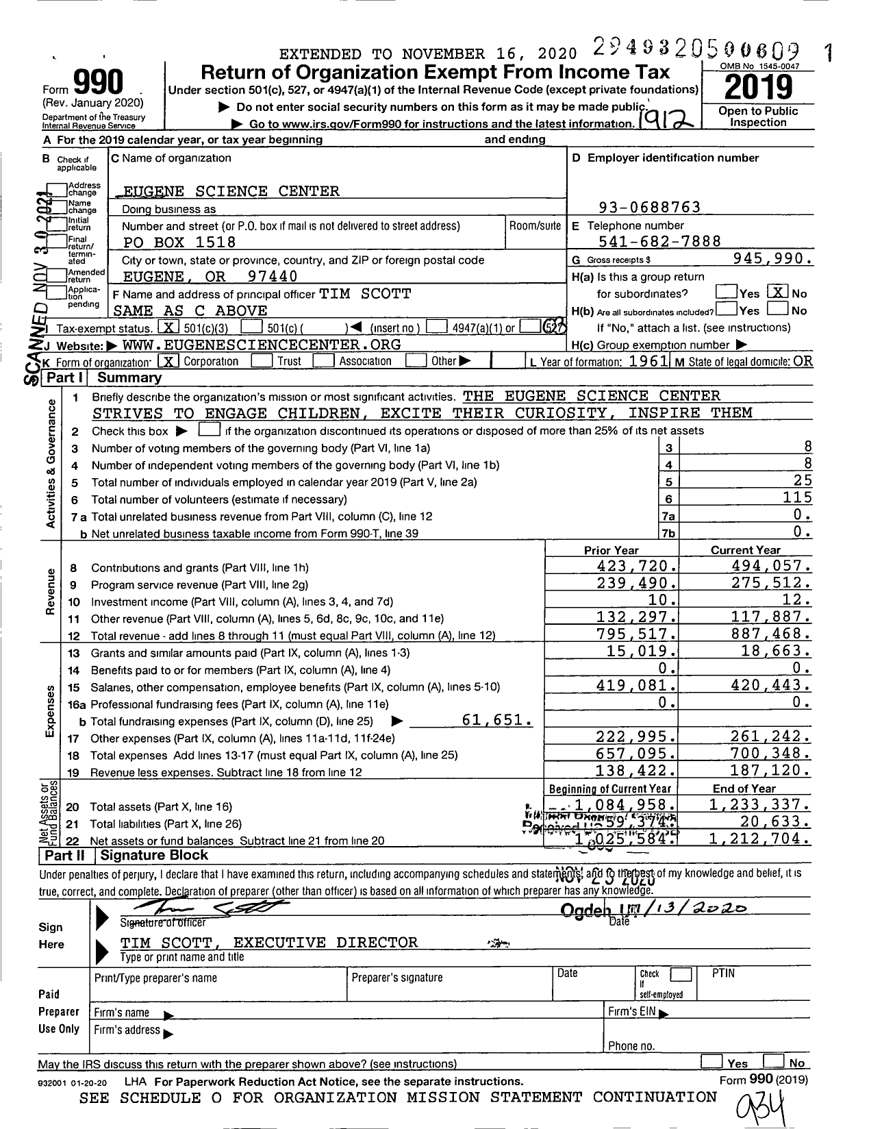Image of first page of 2019 Form 990 for Eugene Science Center