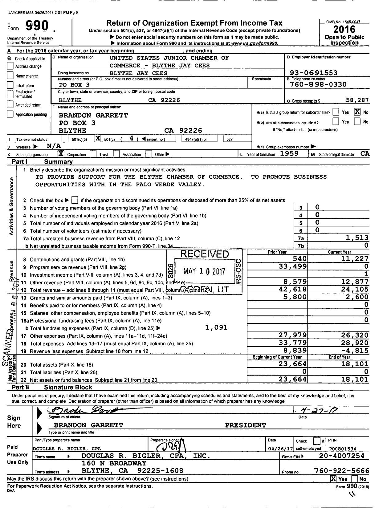 Image of first page of 2016 Form 990O for United States Junior Chamber of Commerce - Blythe Jay Jaycees