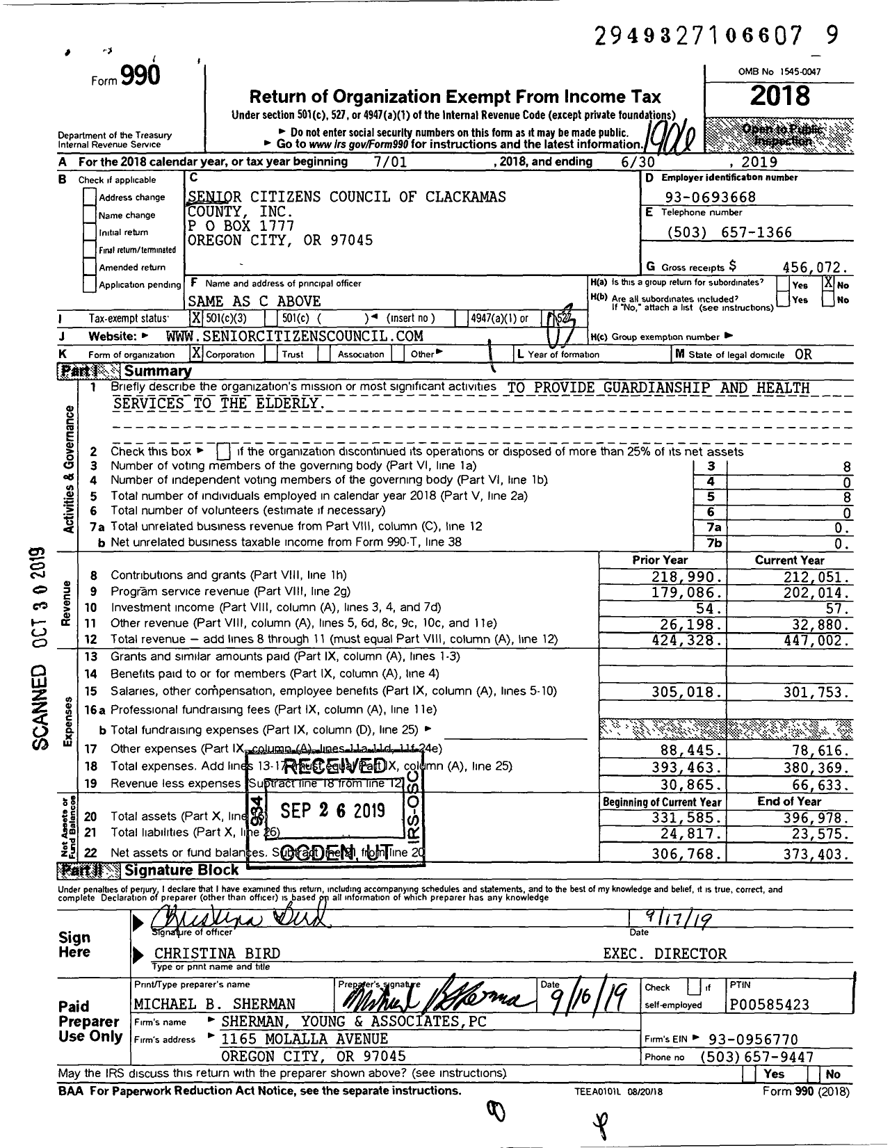 Image of first page of 2018 Form 990 for Senior Citizens Council of Clackamas County