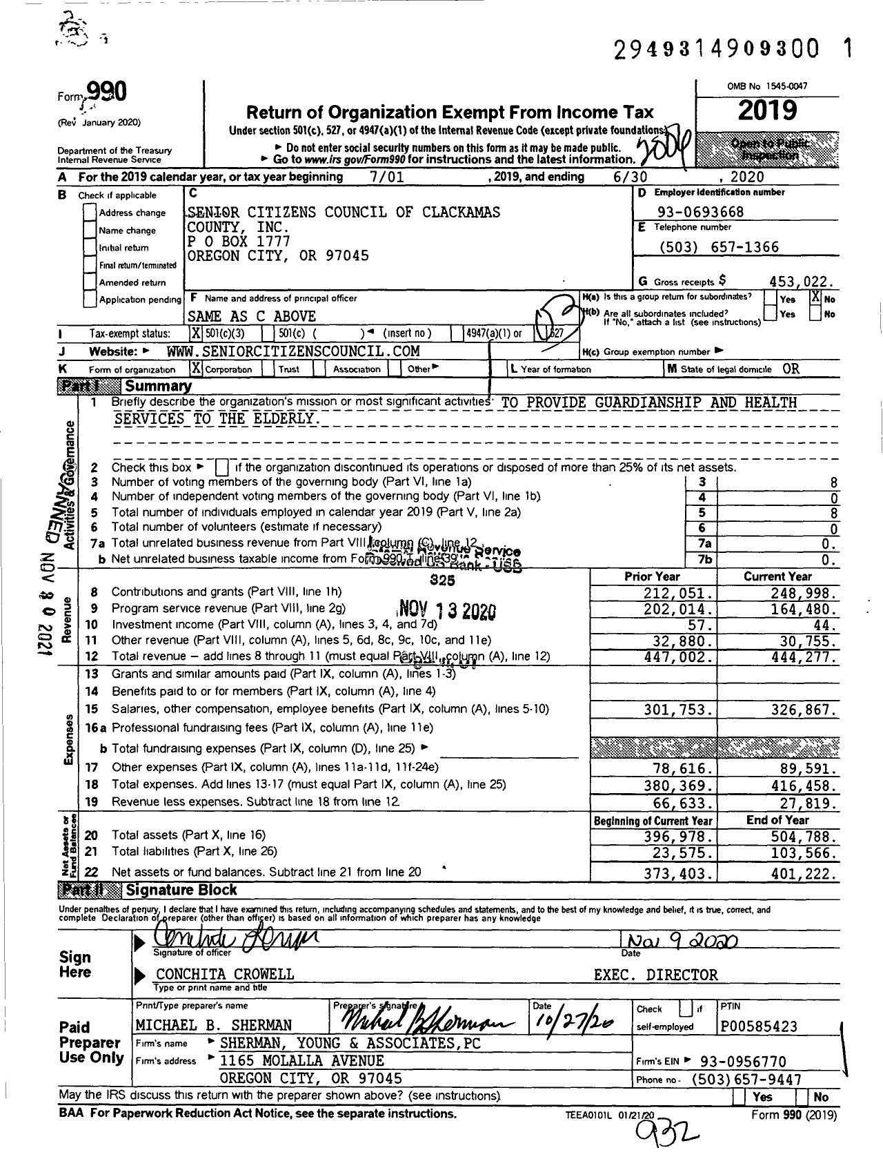 Image of first page of 2019 Form 990 for Senior Citizens Council of Clackamas County