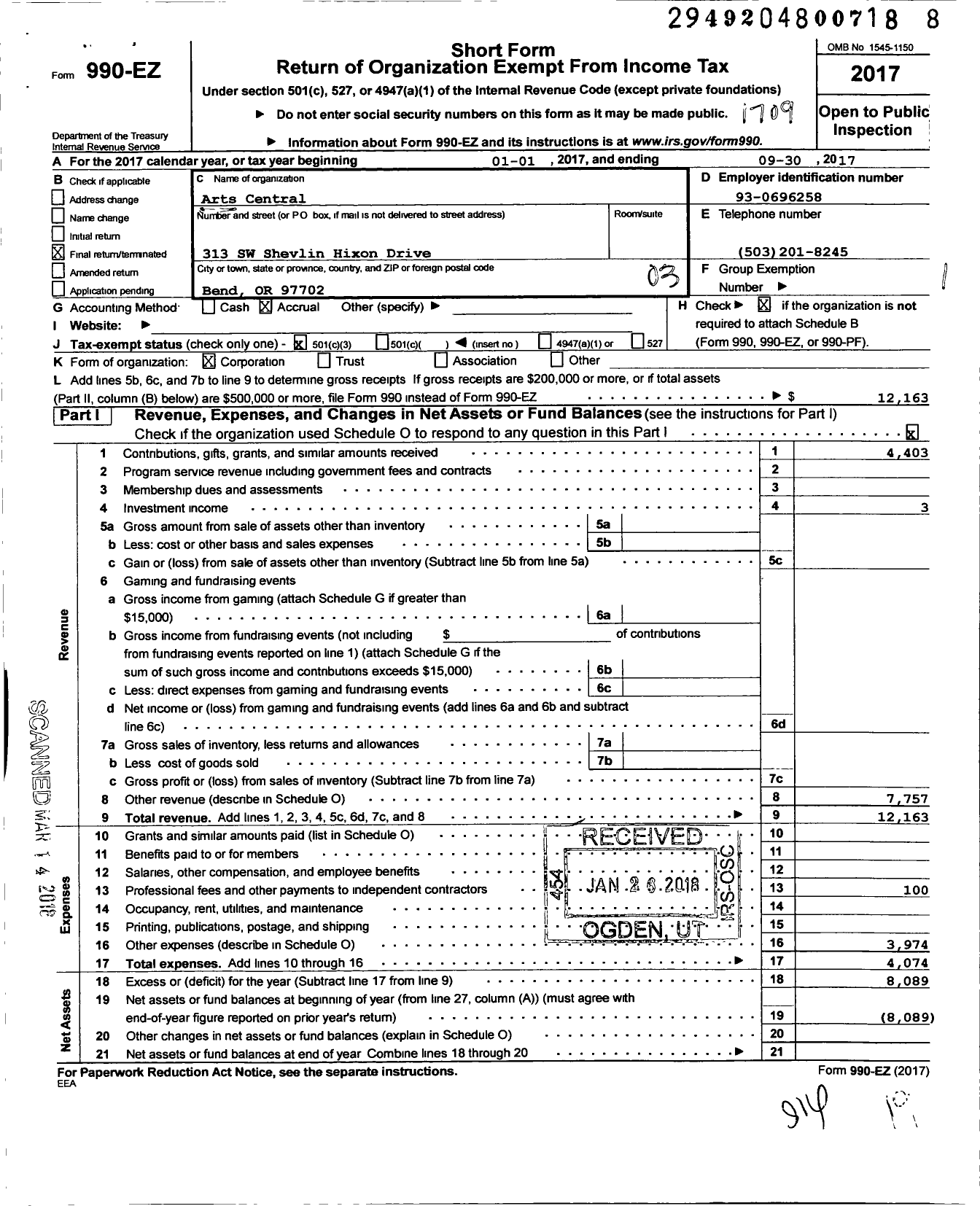 Image of first page of 2016 Form 990EZ for Arts Central