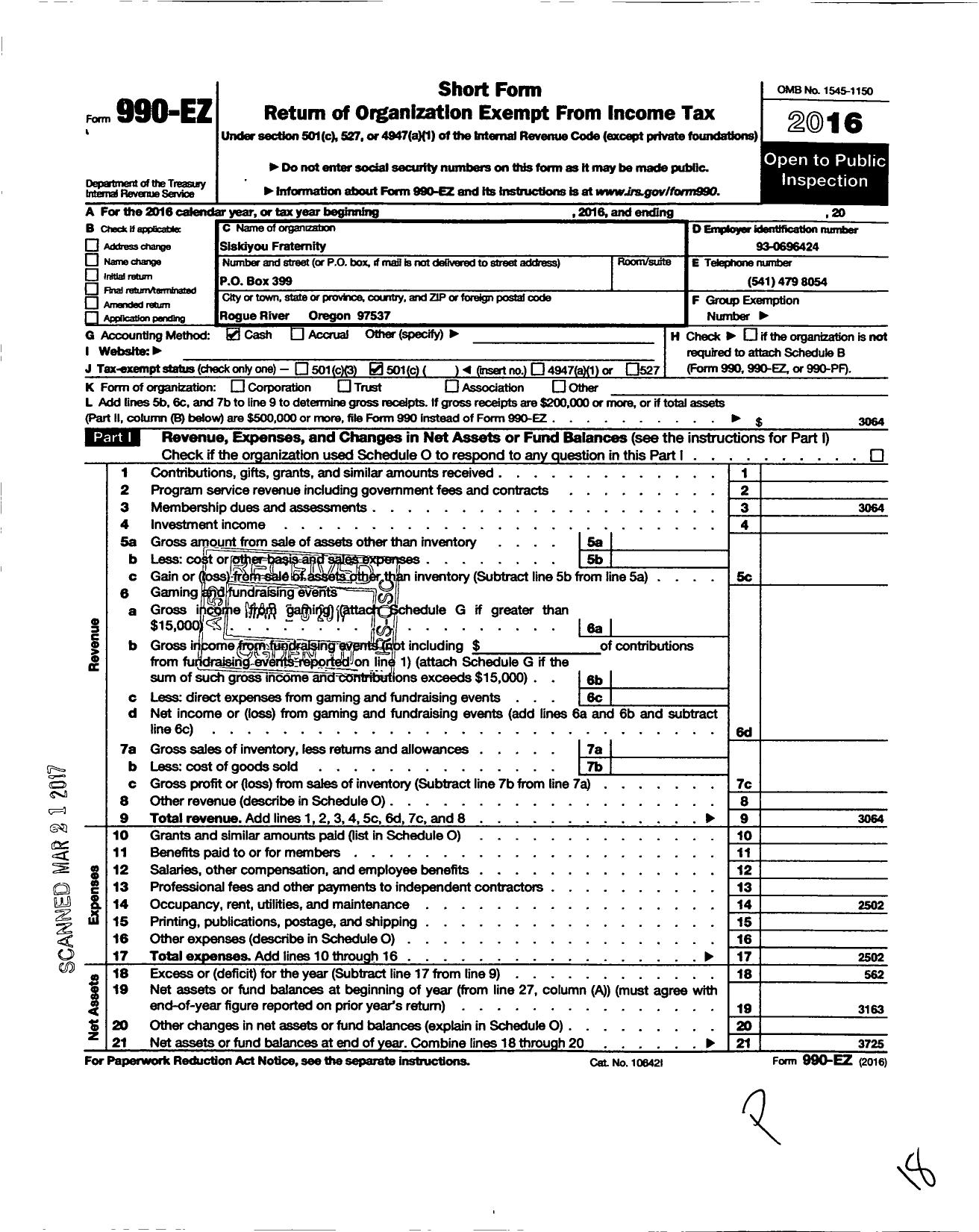 Image of first page of 2016 Form 990EO for Siskiyou Fraternity