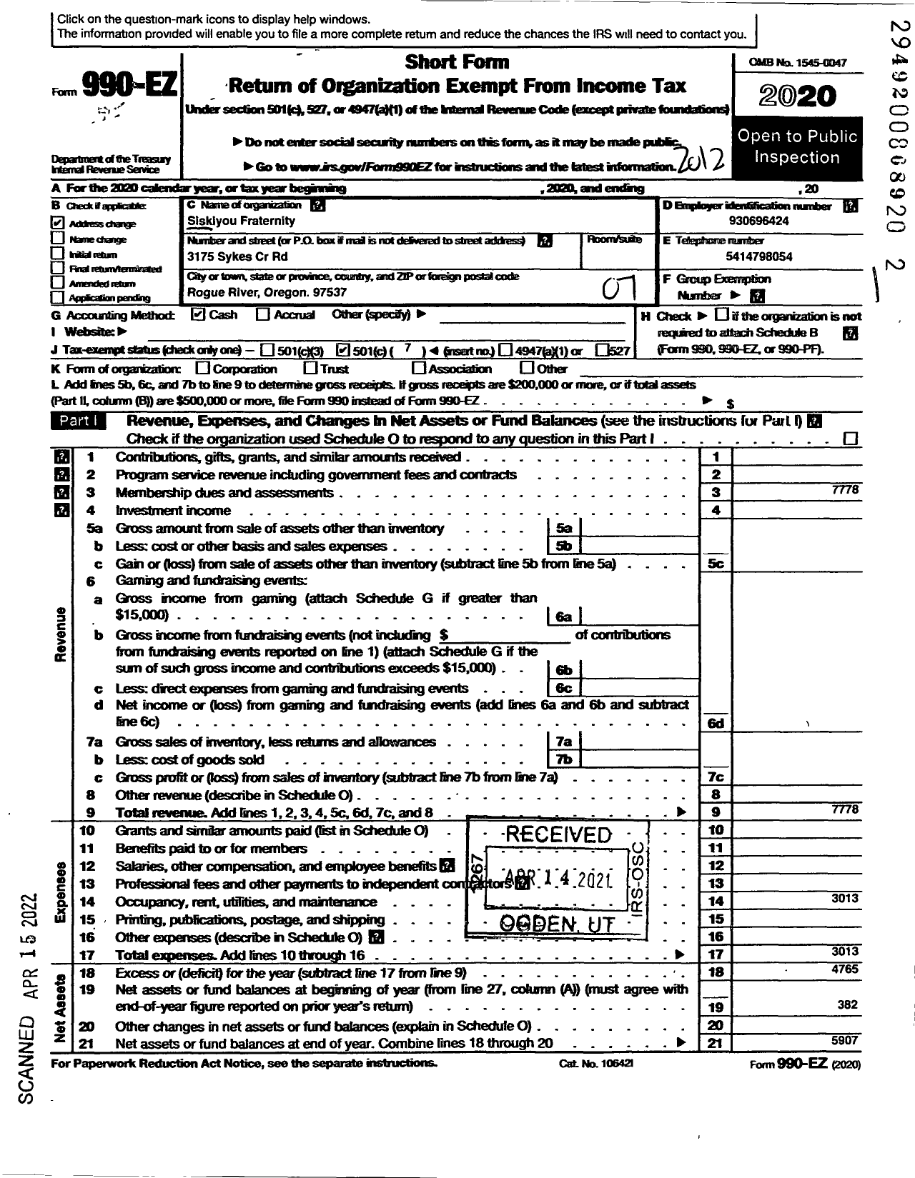 Image of first page of 2020 Form 990EO for Siskiyou Fraternity