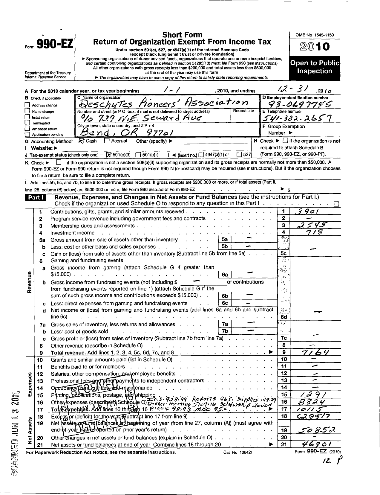 Image of first page of 2010 Form 990EZ for Deschutes Pioneers Association