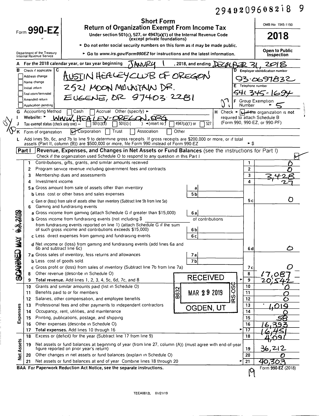 Image of first page of 2018 Form 990EO for Austin Healey Club of Oregon