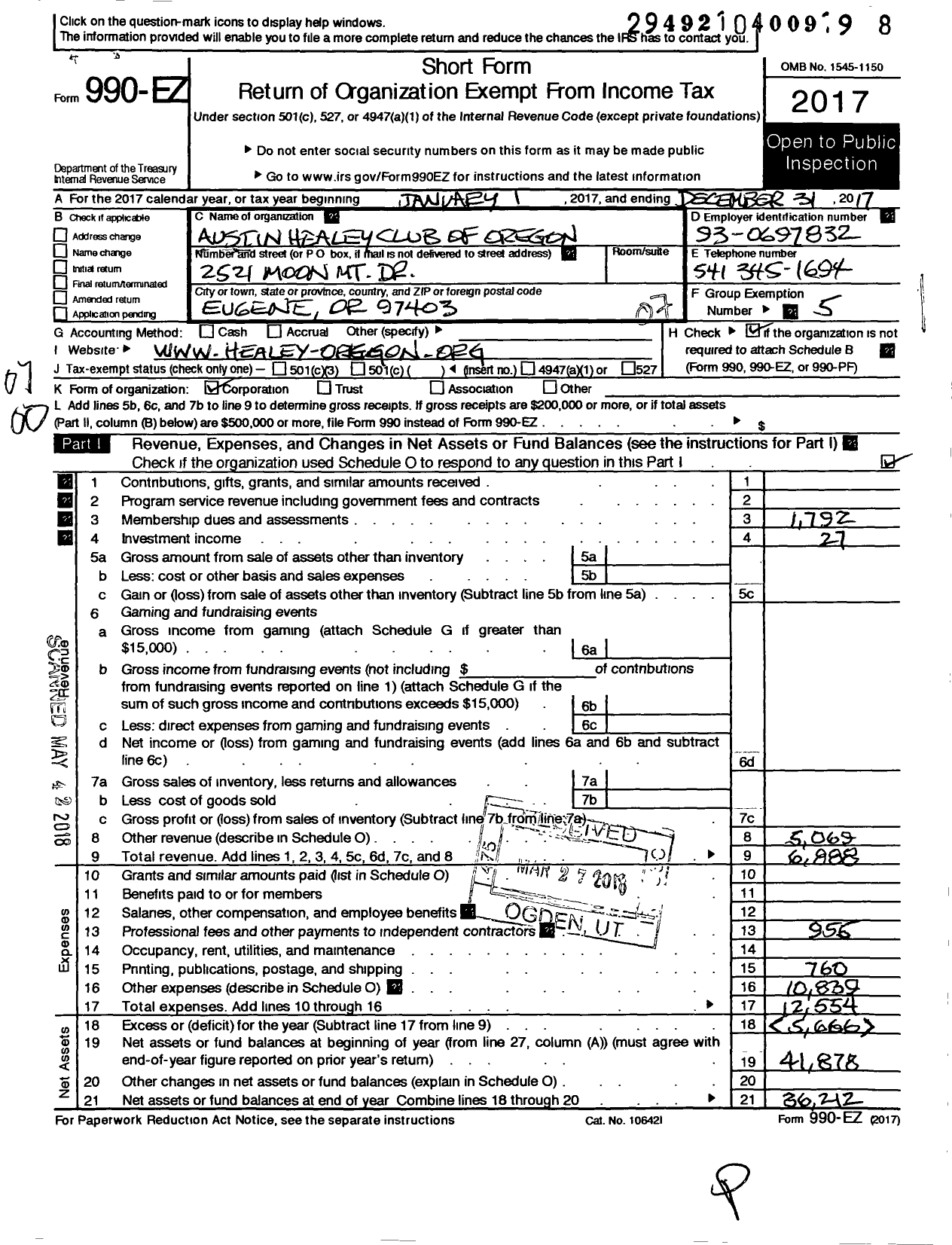 Image of first page of 2017 Form 990EO for Austin Healey Club of Oregon