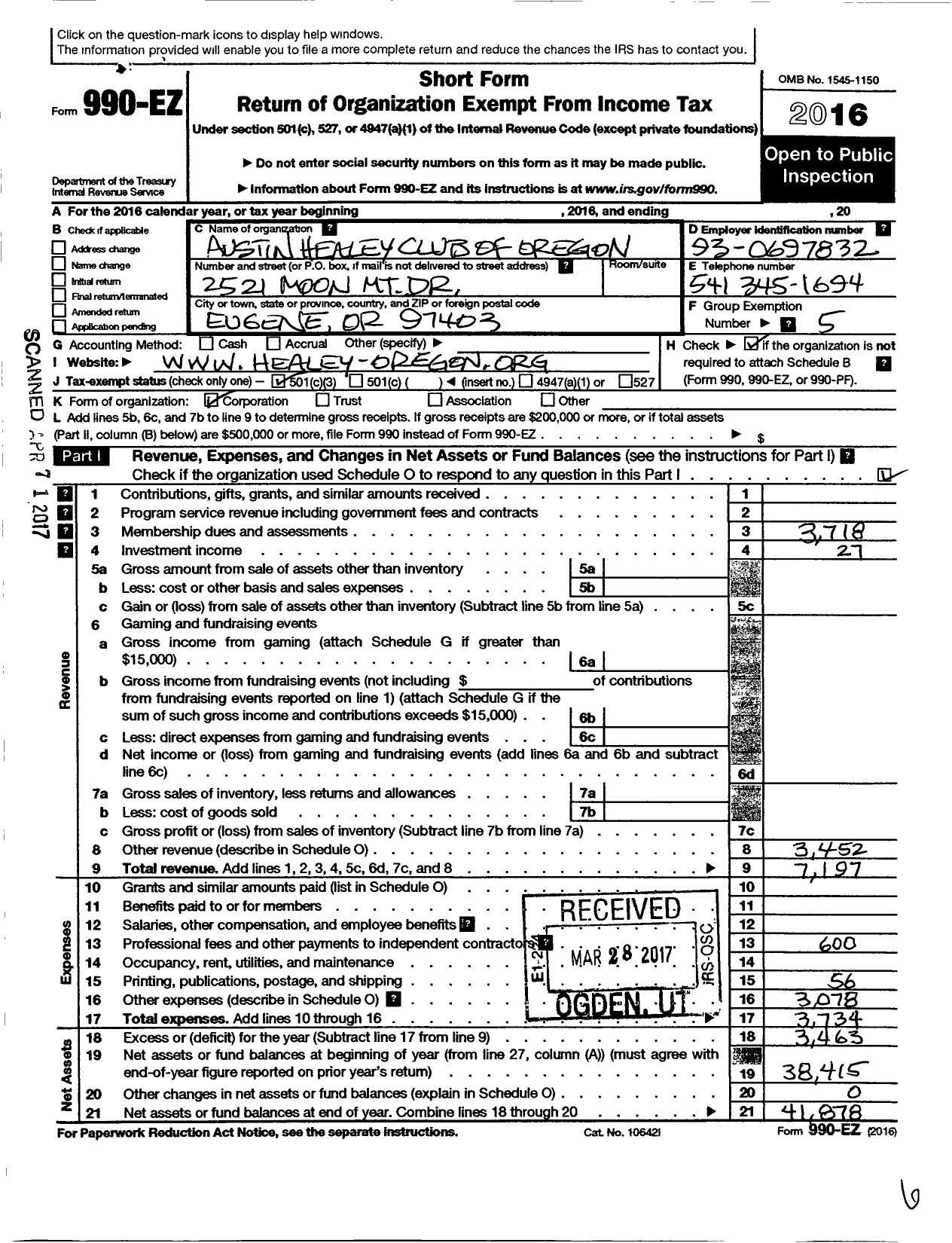 Image of first page of 2016 Form 990EZ for Austin Healey Club of Oregon