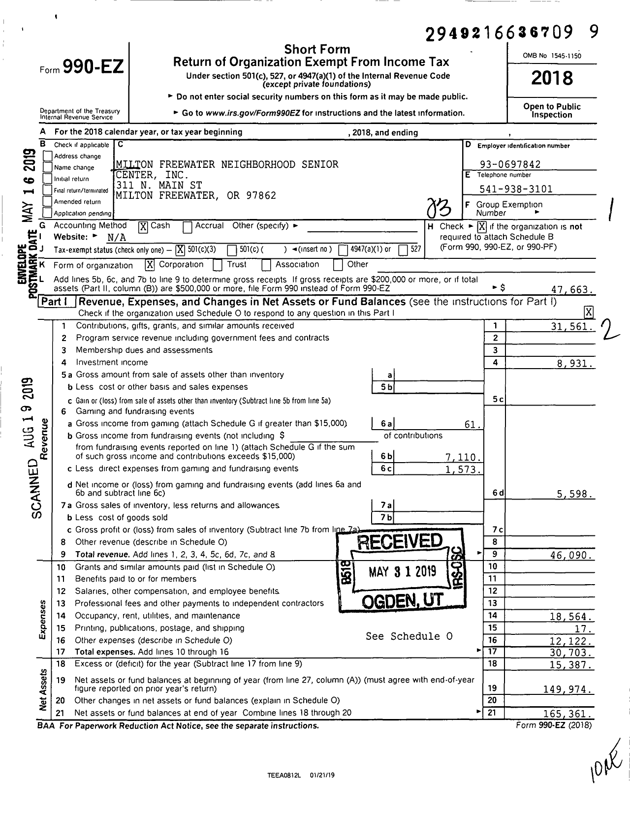 Image of first page of 2018 Form 990EZ for Milton Freewater Neighborhood Senior Center