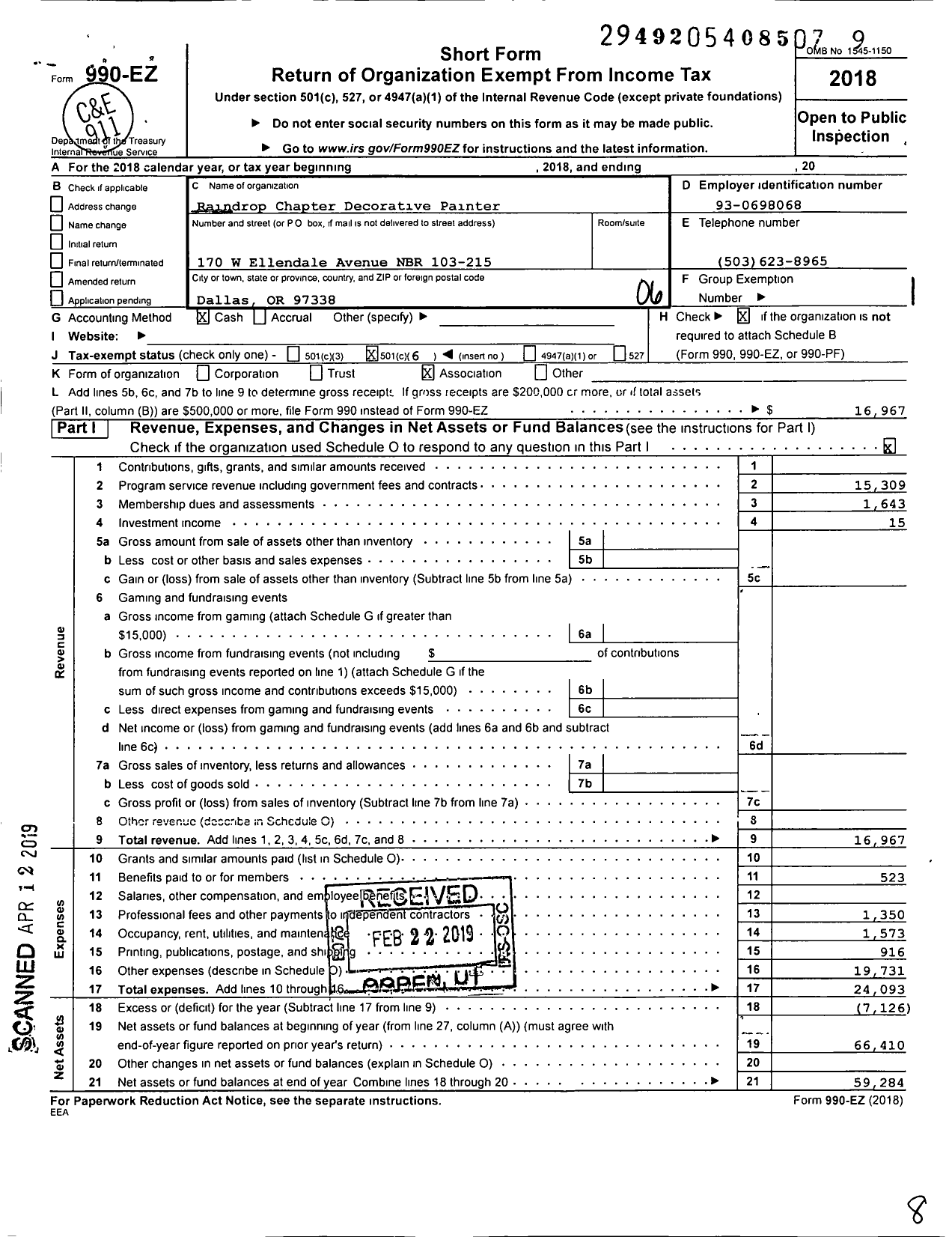 Image of first page of 2018 Form 990EO for National Society of Tole and Decorative Painters / Raindrop Chapter