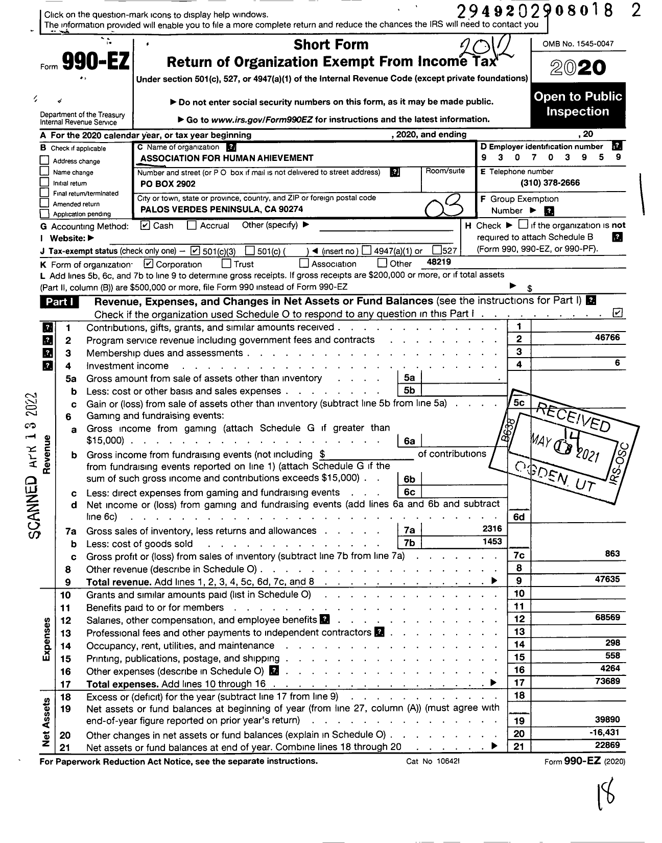 Image of first page of 2020 Form 990EZ for Association for Human Achievement Association for Human Achievement