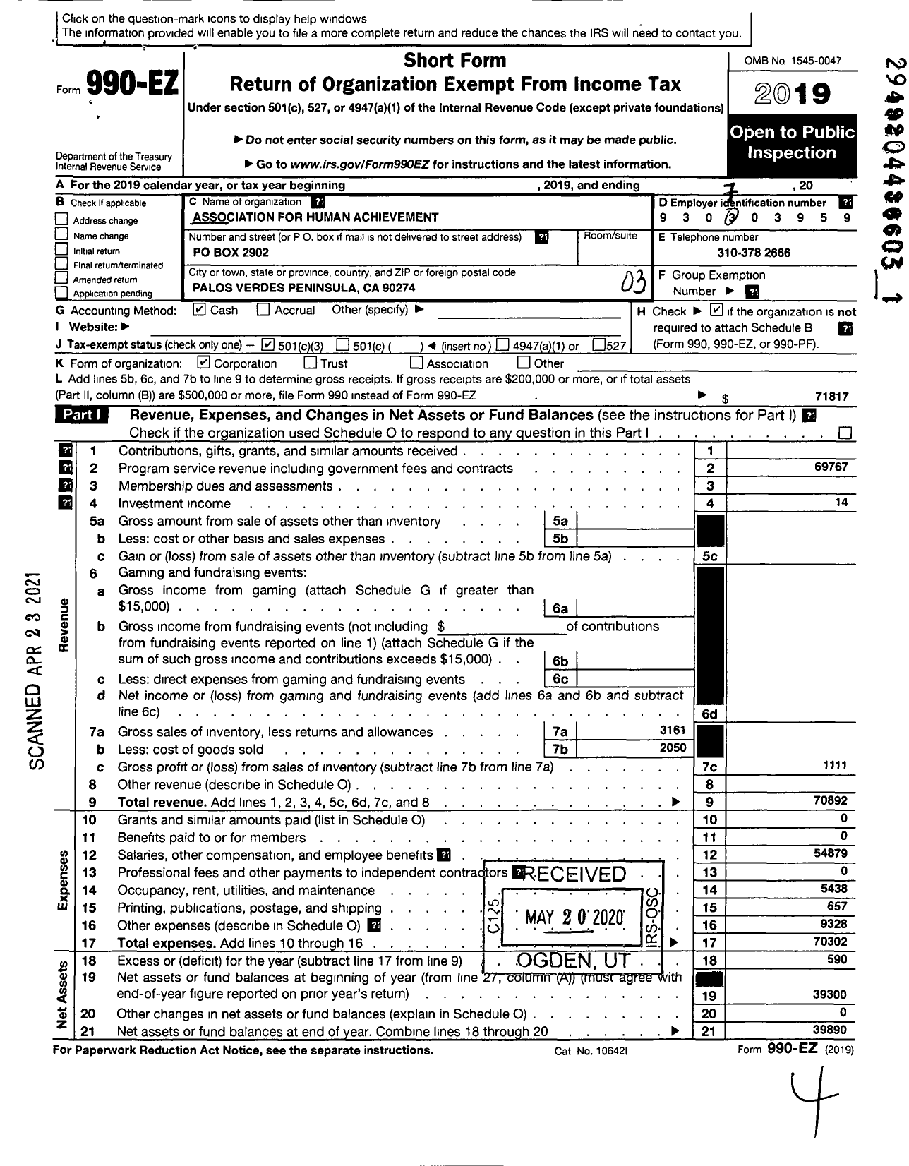 Image of first page of 2019 Form 990EZ for Association for Human Achievement Association for Human Achievement