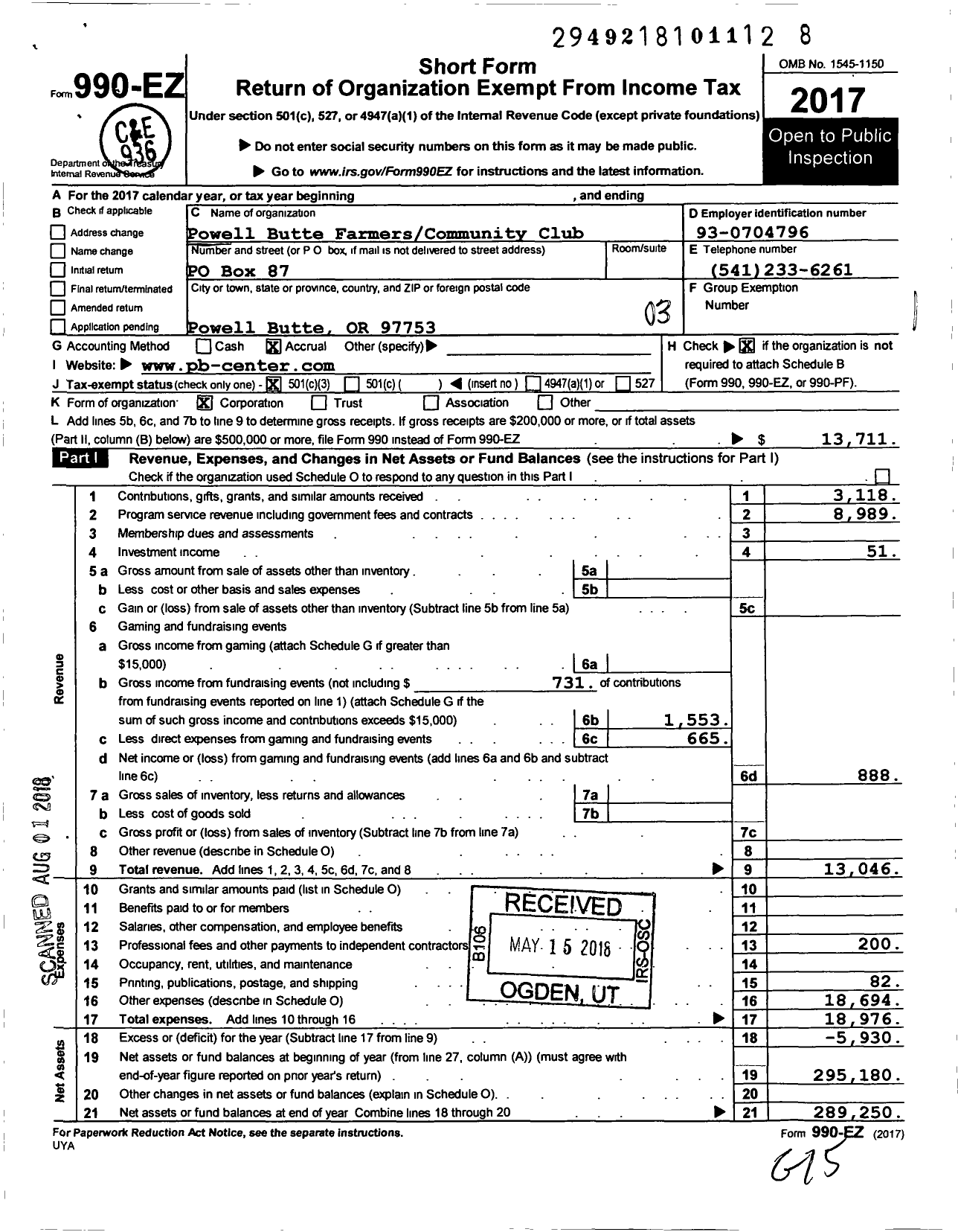 Image of first page of 2017 Form 990EZ for Powell Butte Community Center