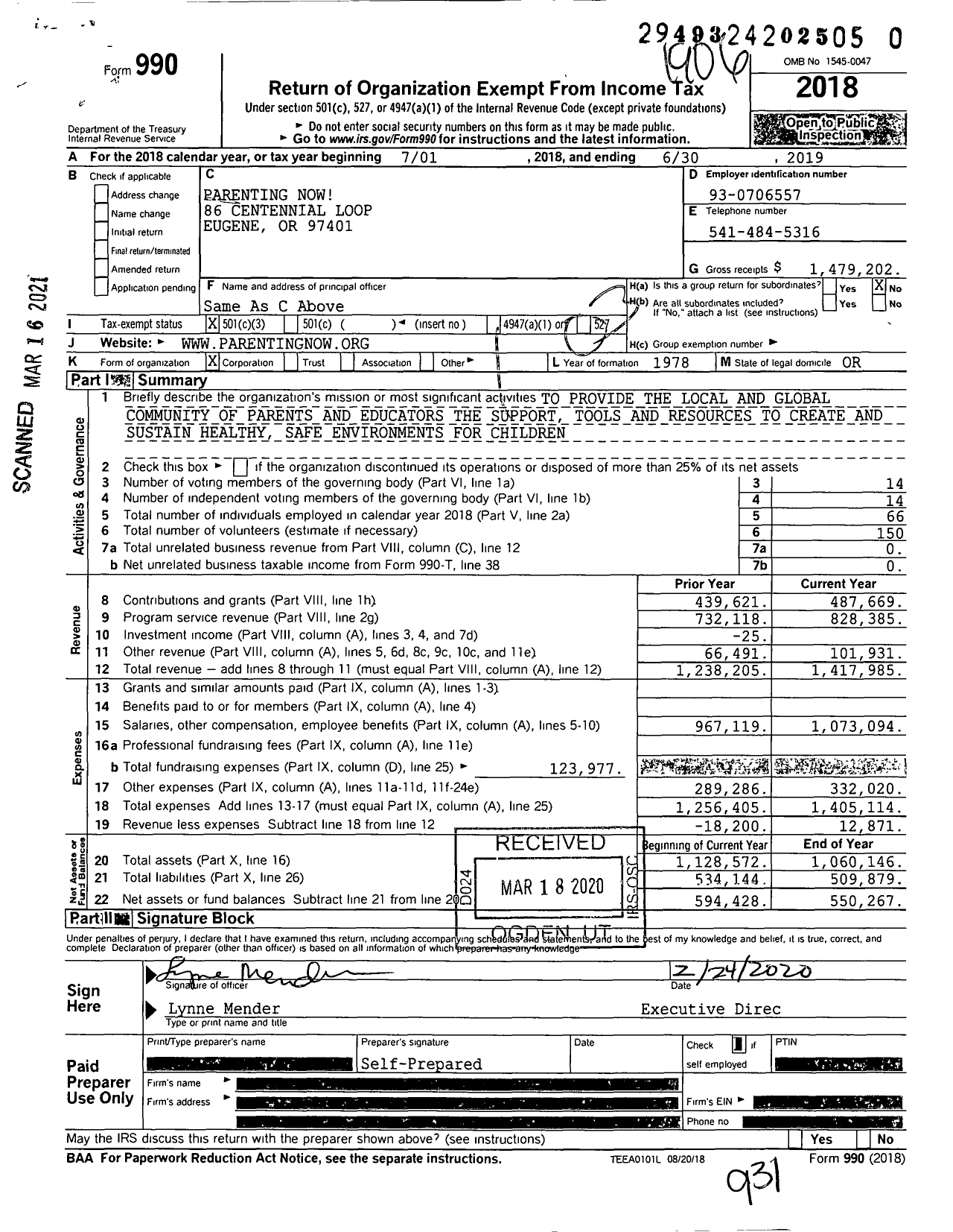 Image of first page of 2018 Form 990 for Parenting Now