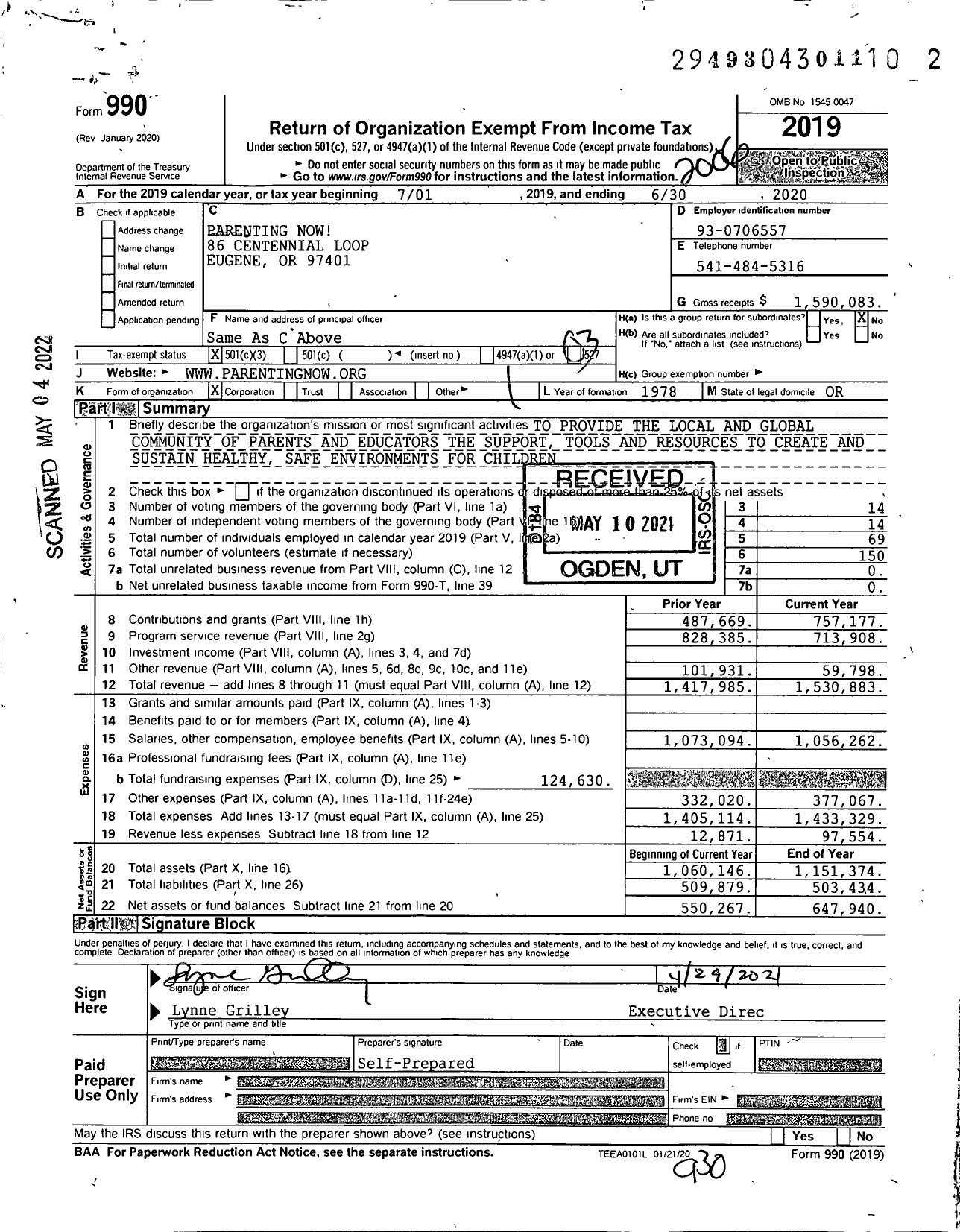 Image of first page of 2019 Form 990 for Parenting Now