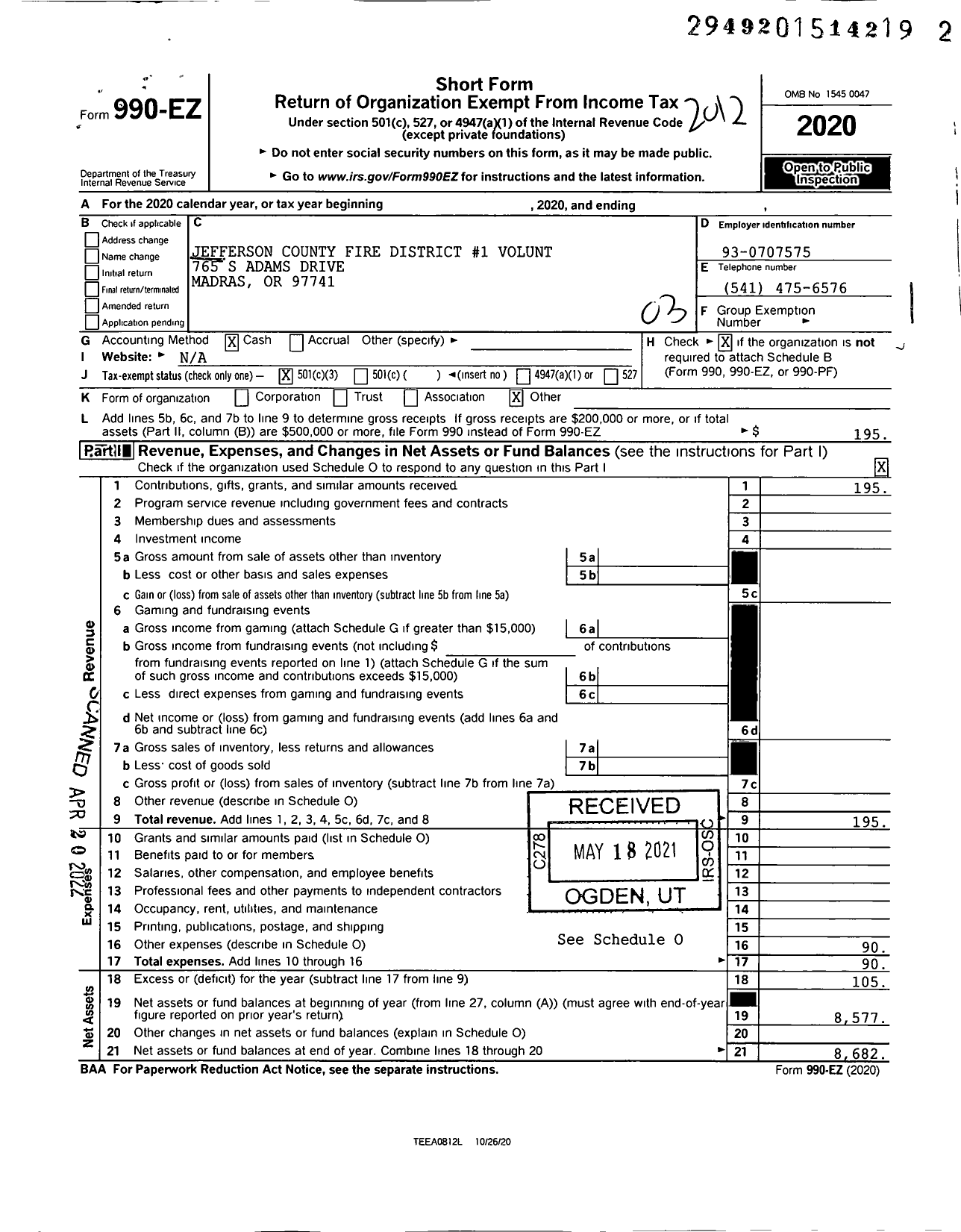 Image of first page of 2020 Form 990EZ for Jefferson County Fire District 1 Volunteers