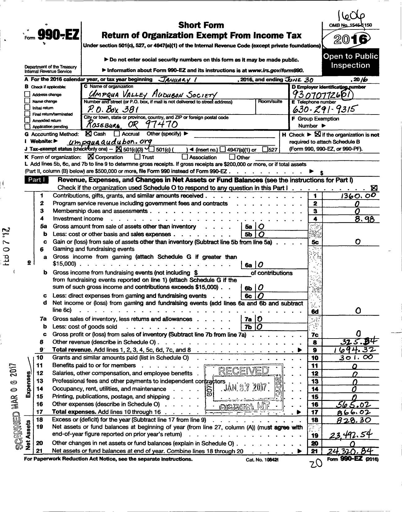 Image of first page of 2015 Form 990EZ for Umpqua Valley Audubon Society