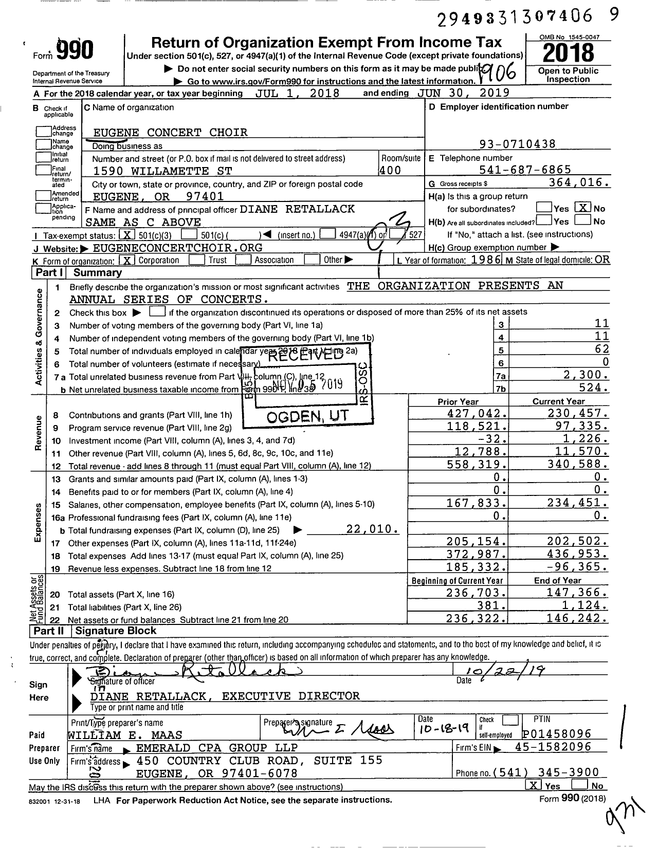 Image of first page of 2018 Form 990 for Eugene Concert Choir