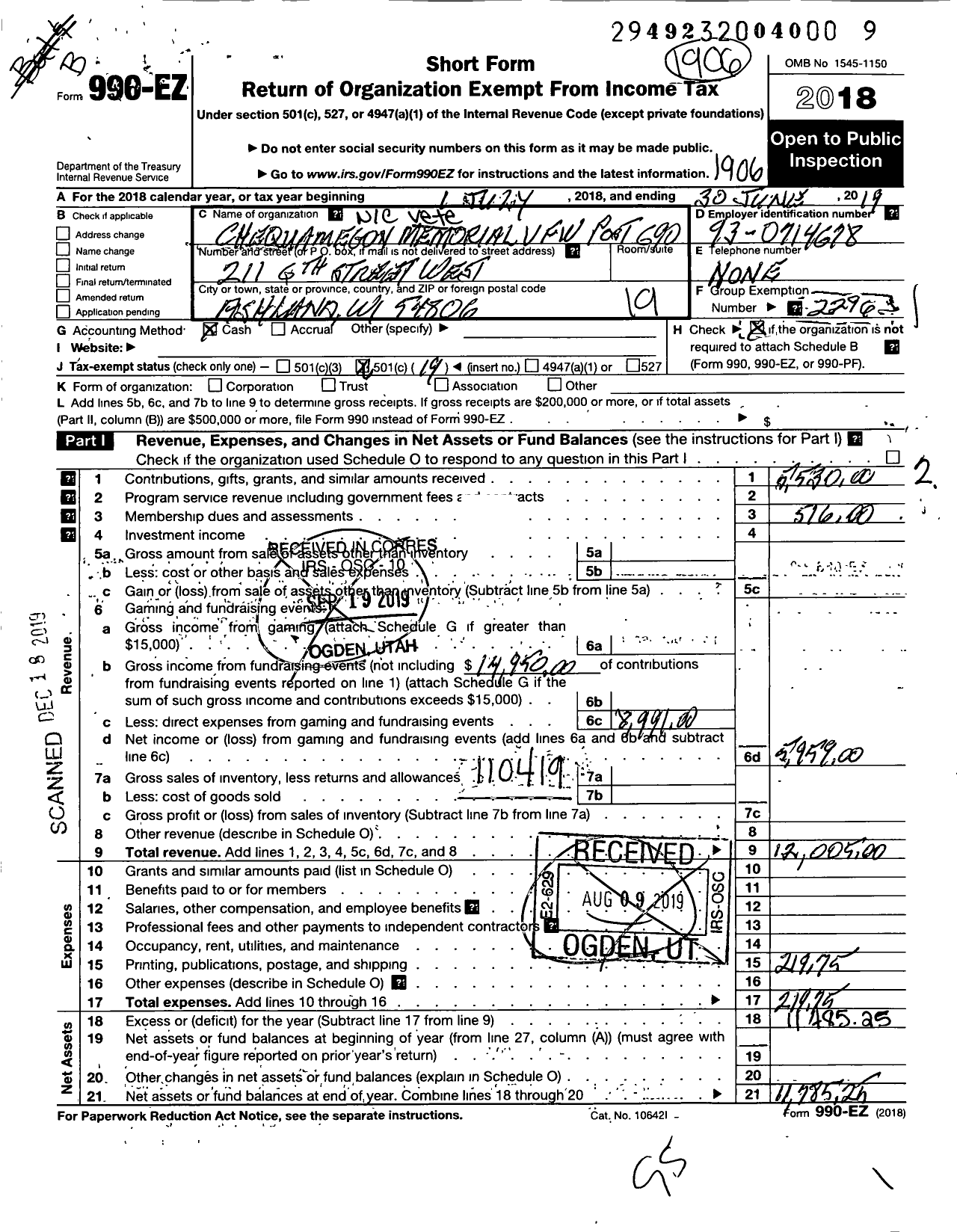 Image of first page of 2018 Form 990EO for VFW Wi - 690 Chequamegon Memorial