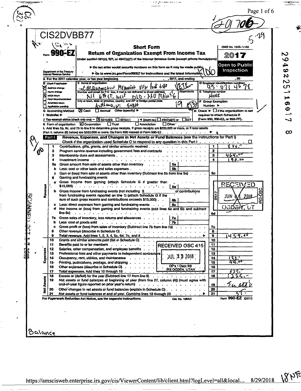Image of first page of 2016 Form 990EO for VFW Wi - 690 Chequamegon Memorial