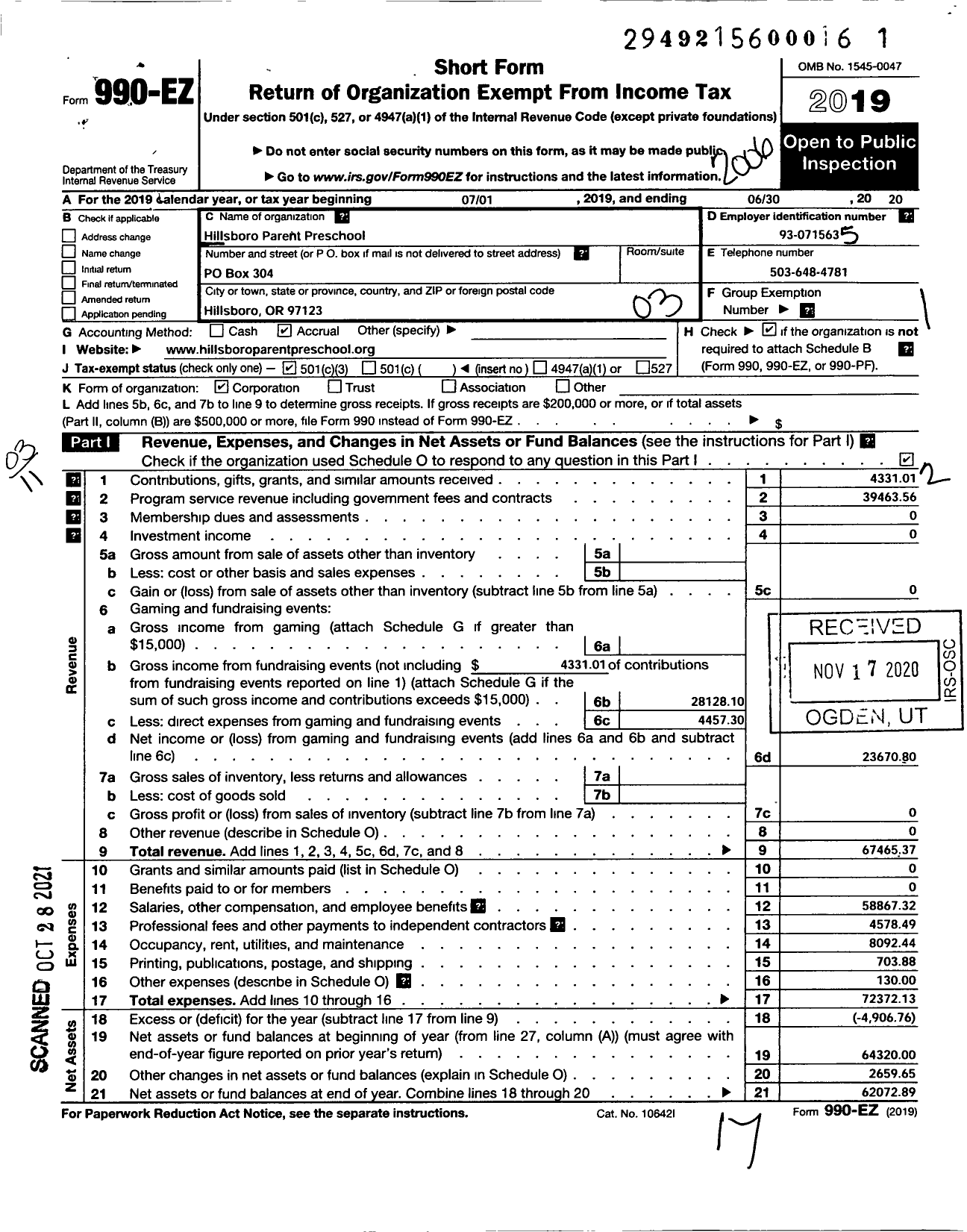 Image of first page of 2019 Form 990EZ for Hillsboro Parent Pre-School