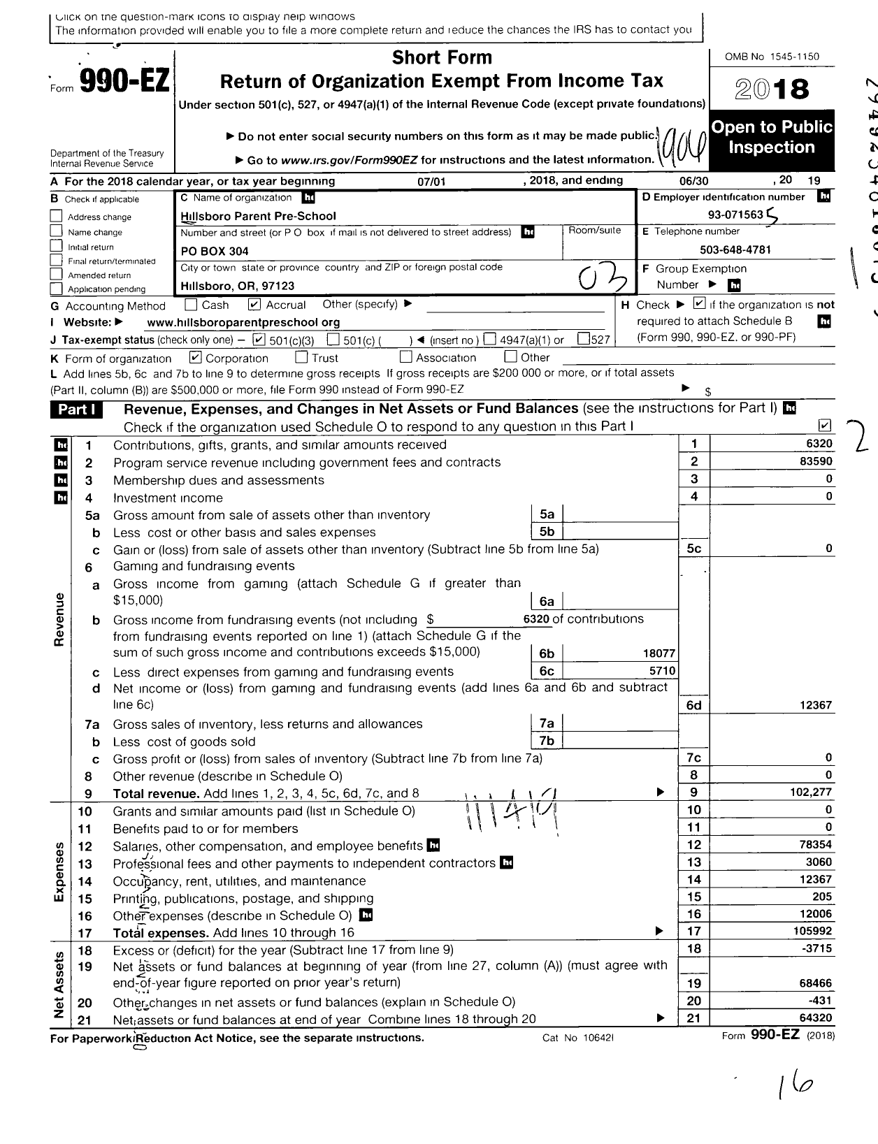 Image of first page of 2018 Form 990EZ for Hillsboro Parent Pre-School