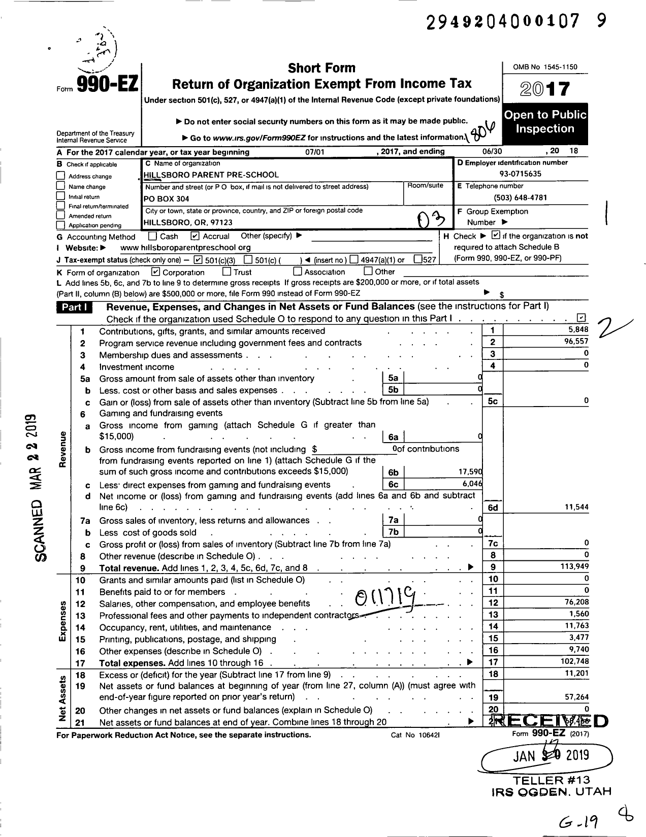 Image of first page of 2017 Form 990EZ for Hillsboro Parent Pre-School